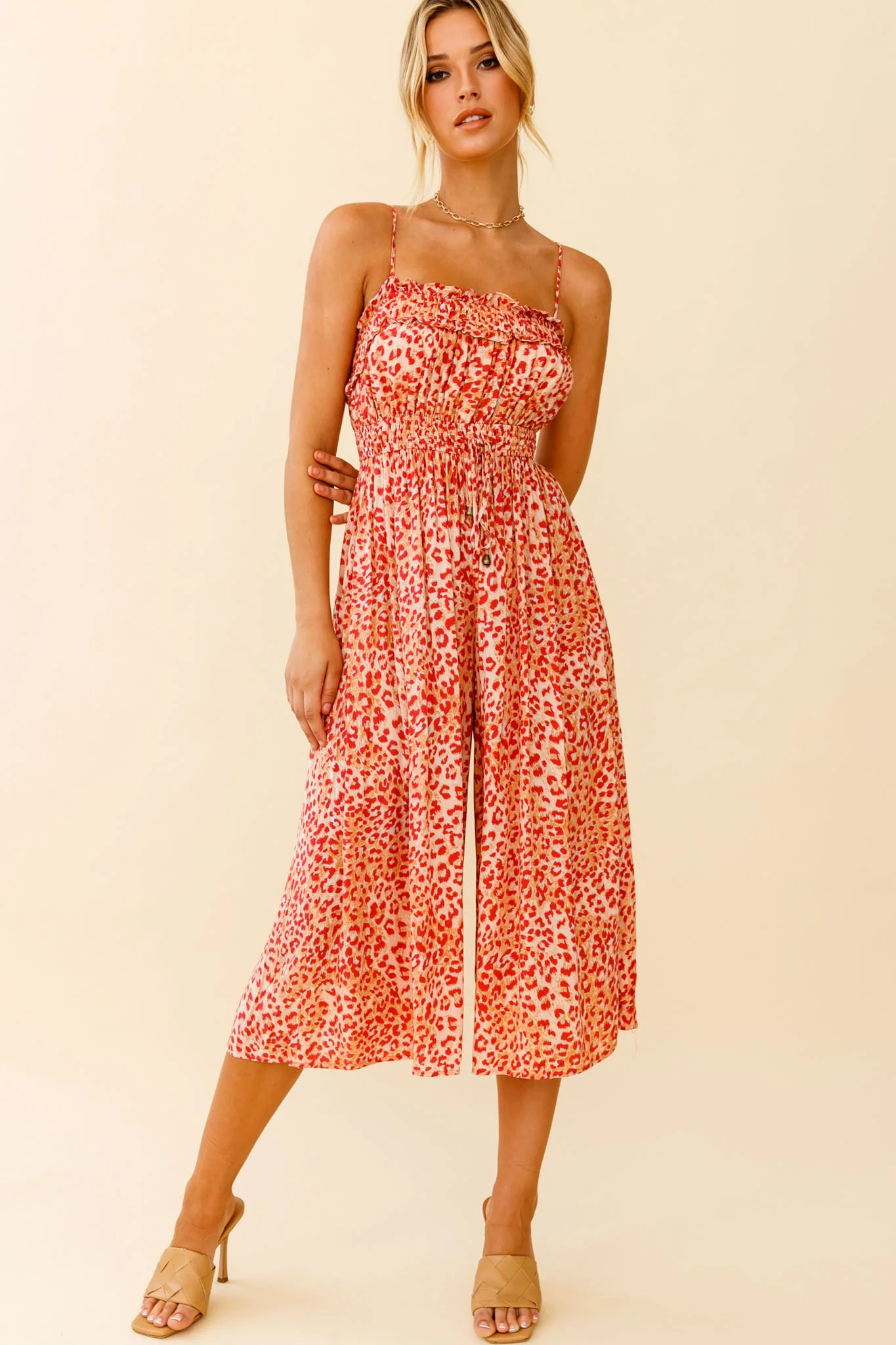 Weekend Escape Cami Strap Drawstring Jumpsuit Animal Print Orange - Image 8