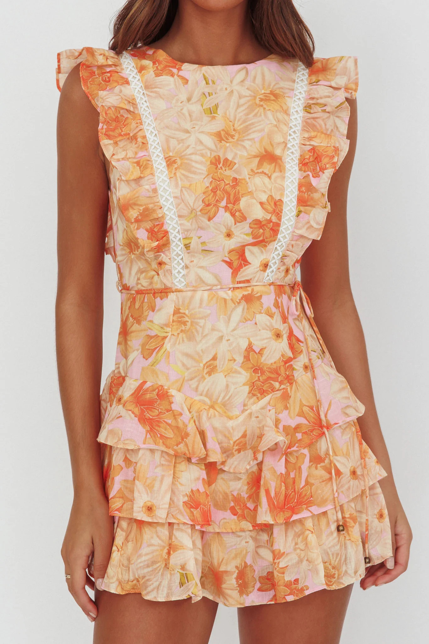 Weekend Muse Sleeveless Layered Frill Romper Flowers Yellow - Image 3