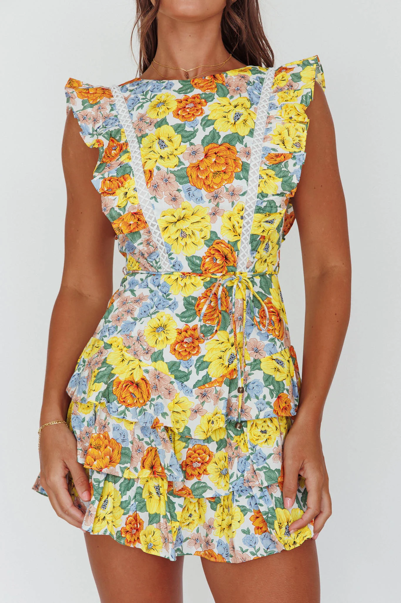 Weekend Muse Sleeveless Layered Frill Romper Yellow Floral - Image 4