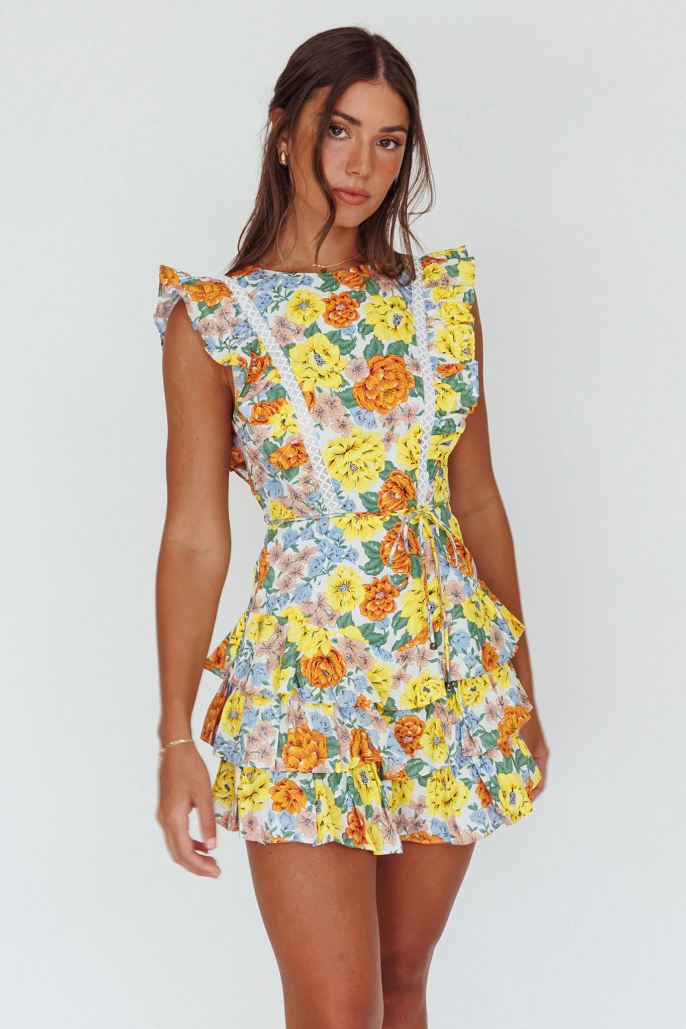 Weekend Muse Sleeveless Layered Frill Romper Yellow Floral - Image 5