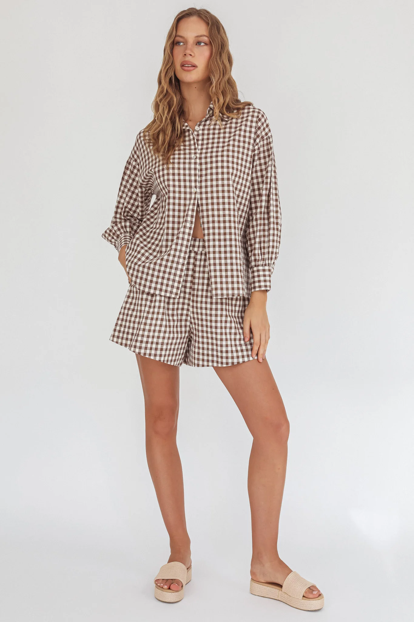 Weekends Away Elastic Waist Shorts Brown Check - Image 4