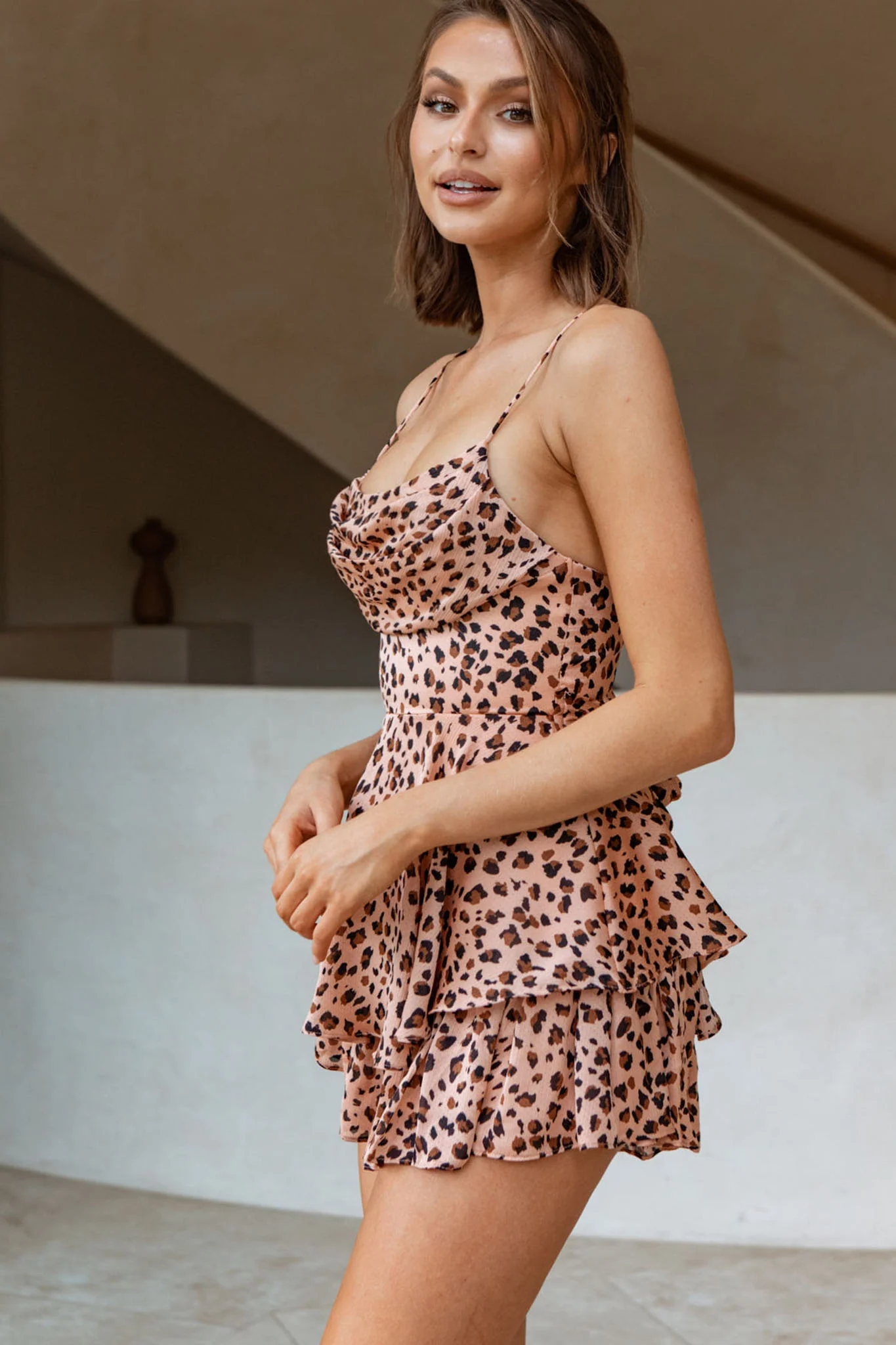 Well Versed Cowl Neck Flounce Romper Animal Print Blush - Image 5