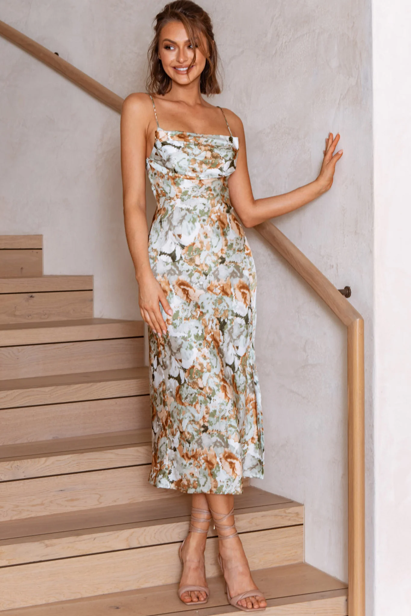 Well Versed Pleated Bust Front Split Dress Floral Abstract Print Sage - Image 7