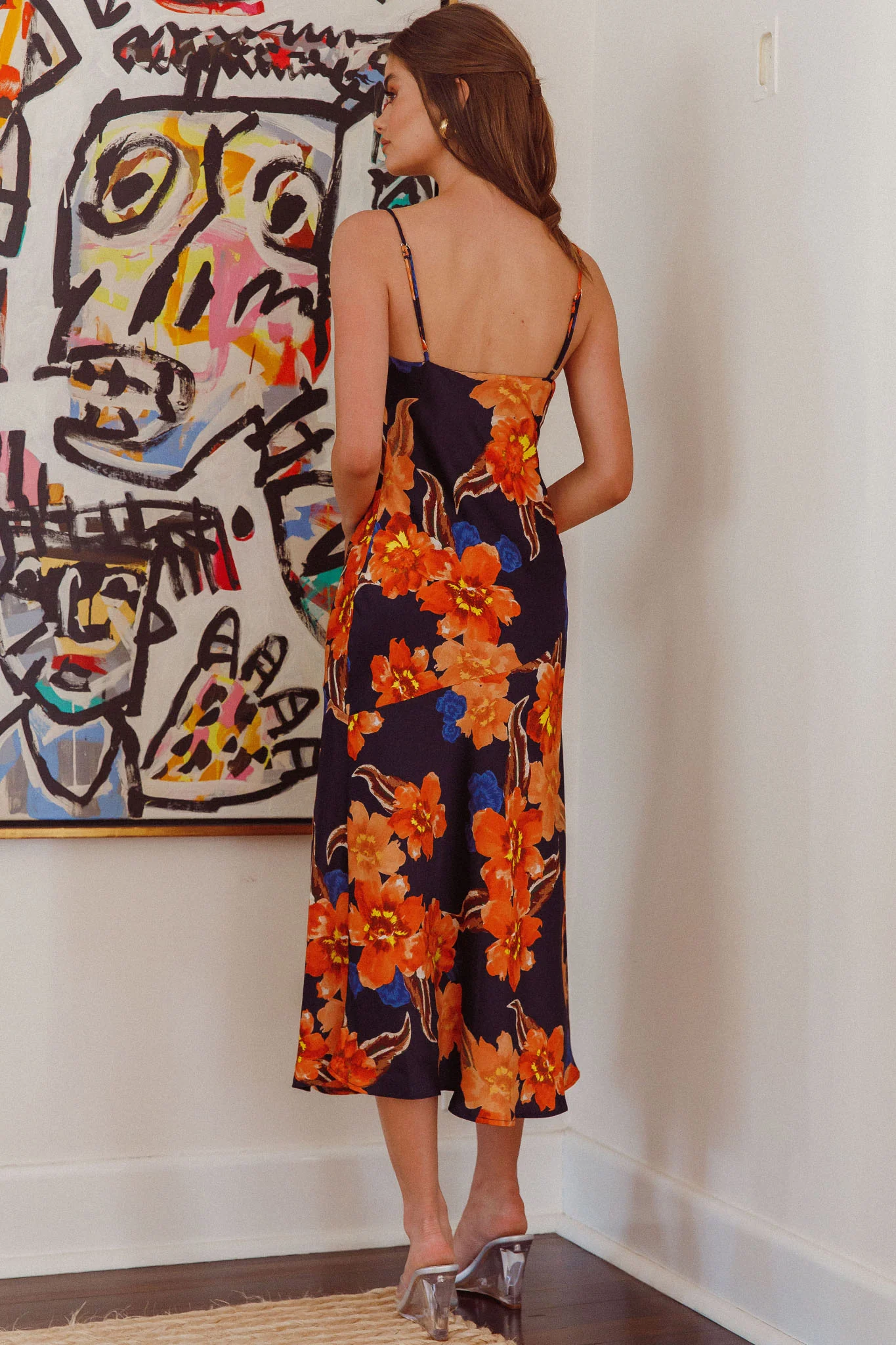 Well Versed Pleated Bust Front Split Dress Flower Orange - Image 3