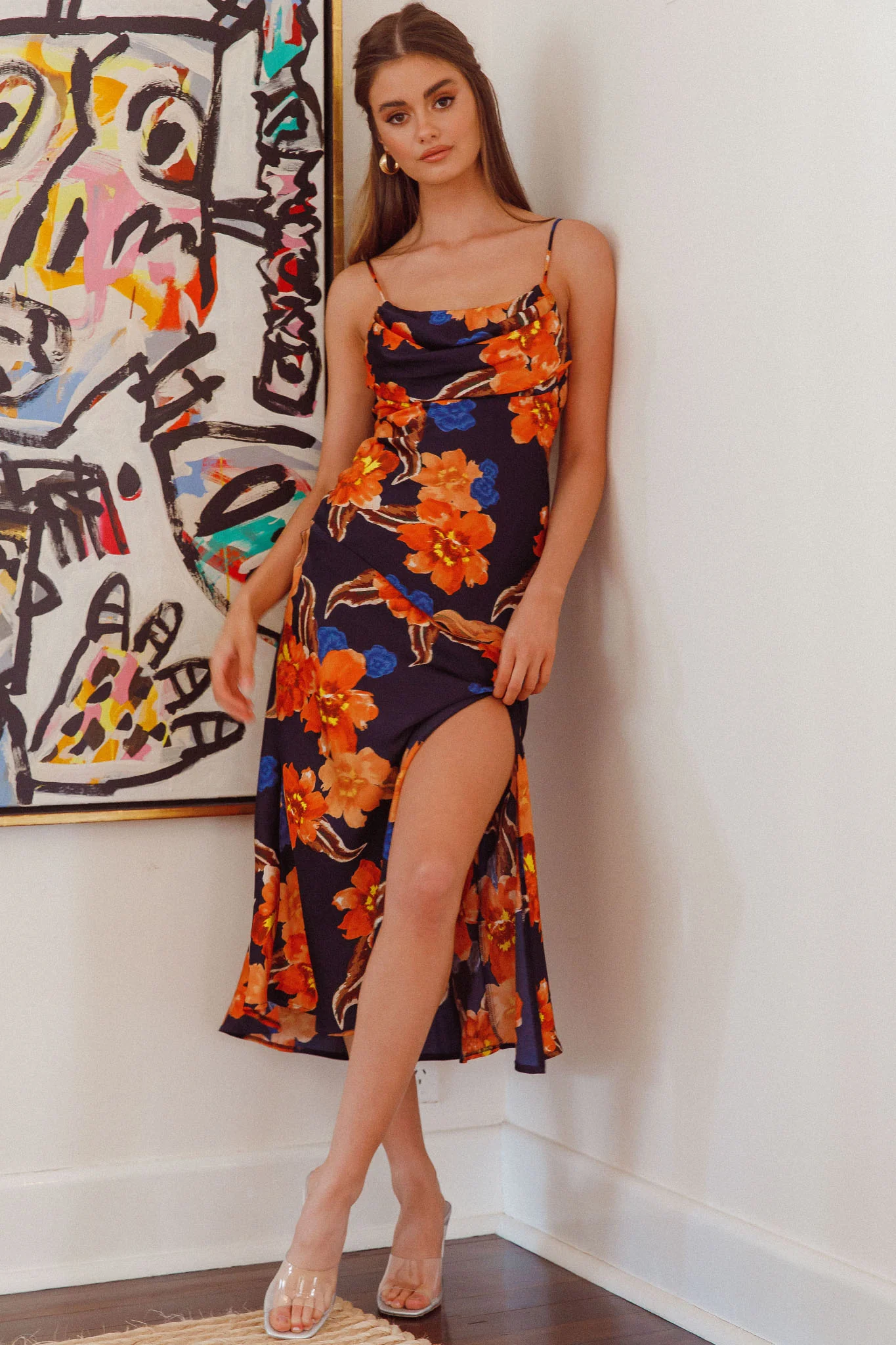Well Versed Pleated Bust Front Split Dress Flower Orange - Image 4