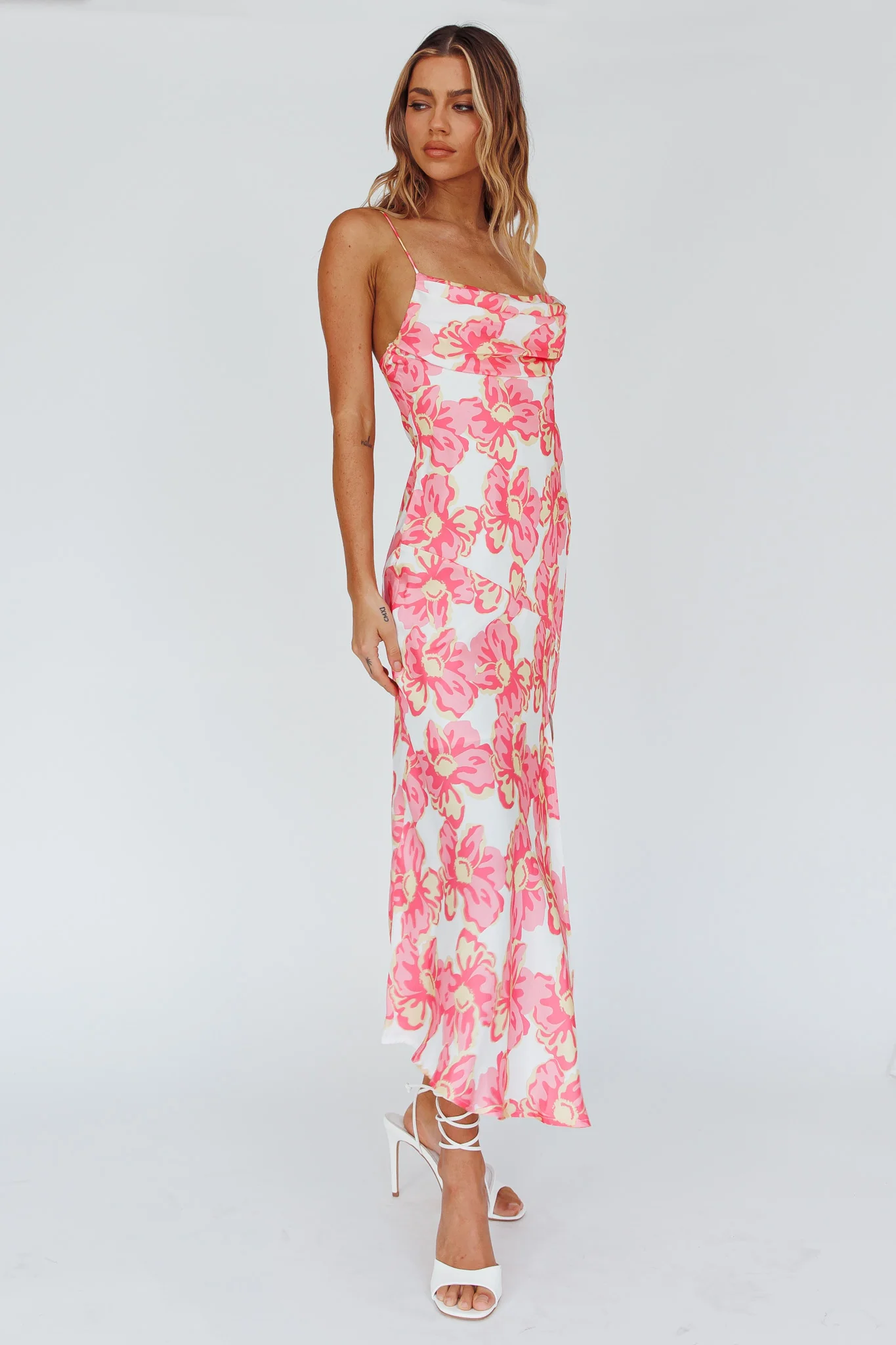 Well Versed Pleated Bust Front Split Dress Flowers Pink - Image 3
