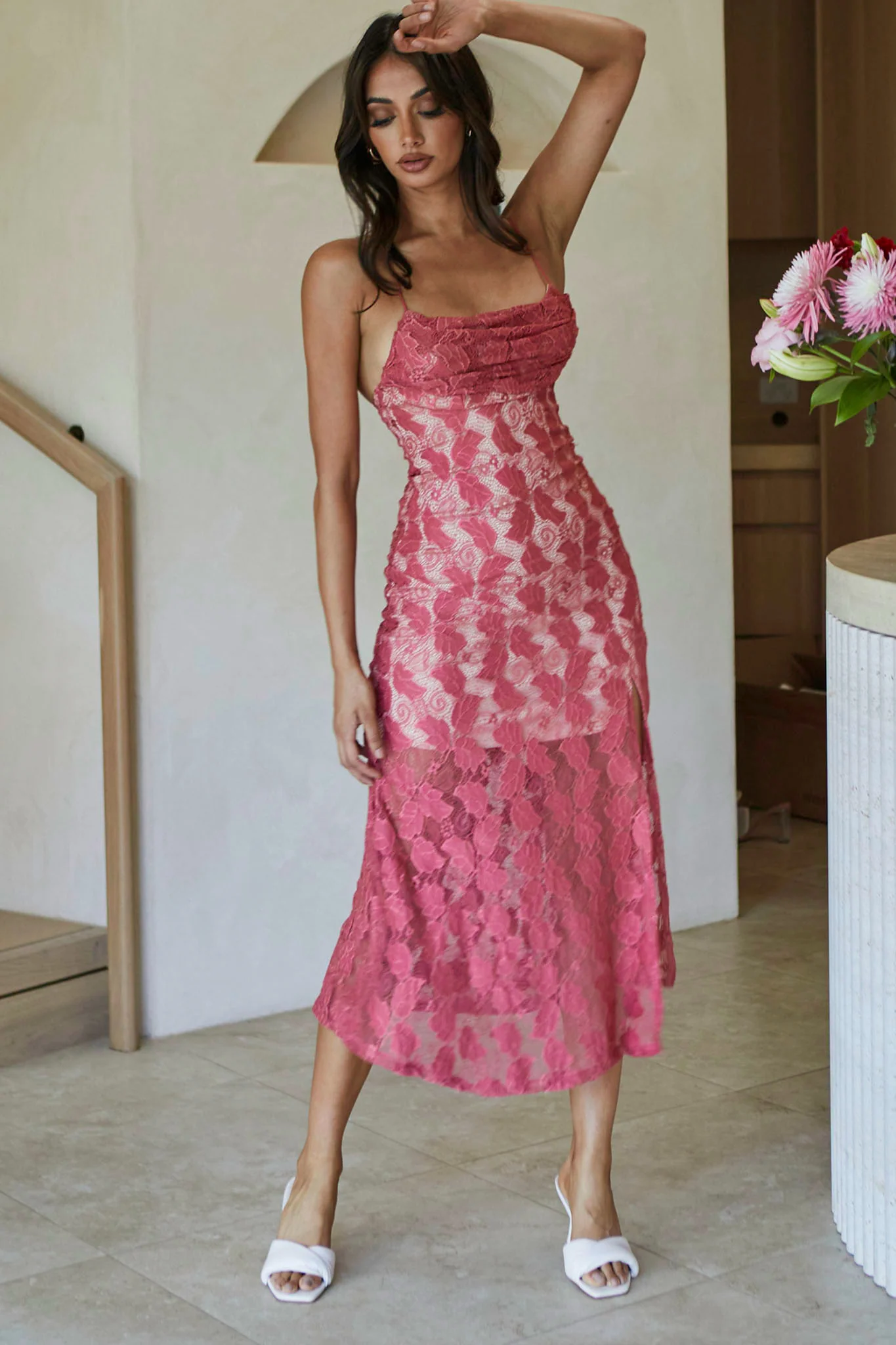 Well Versed Pleated Bust Front Split Dress Lace Rose - Image 8