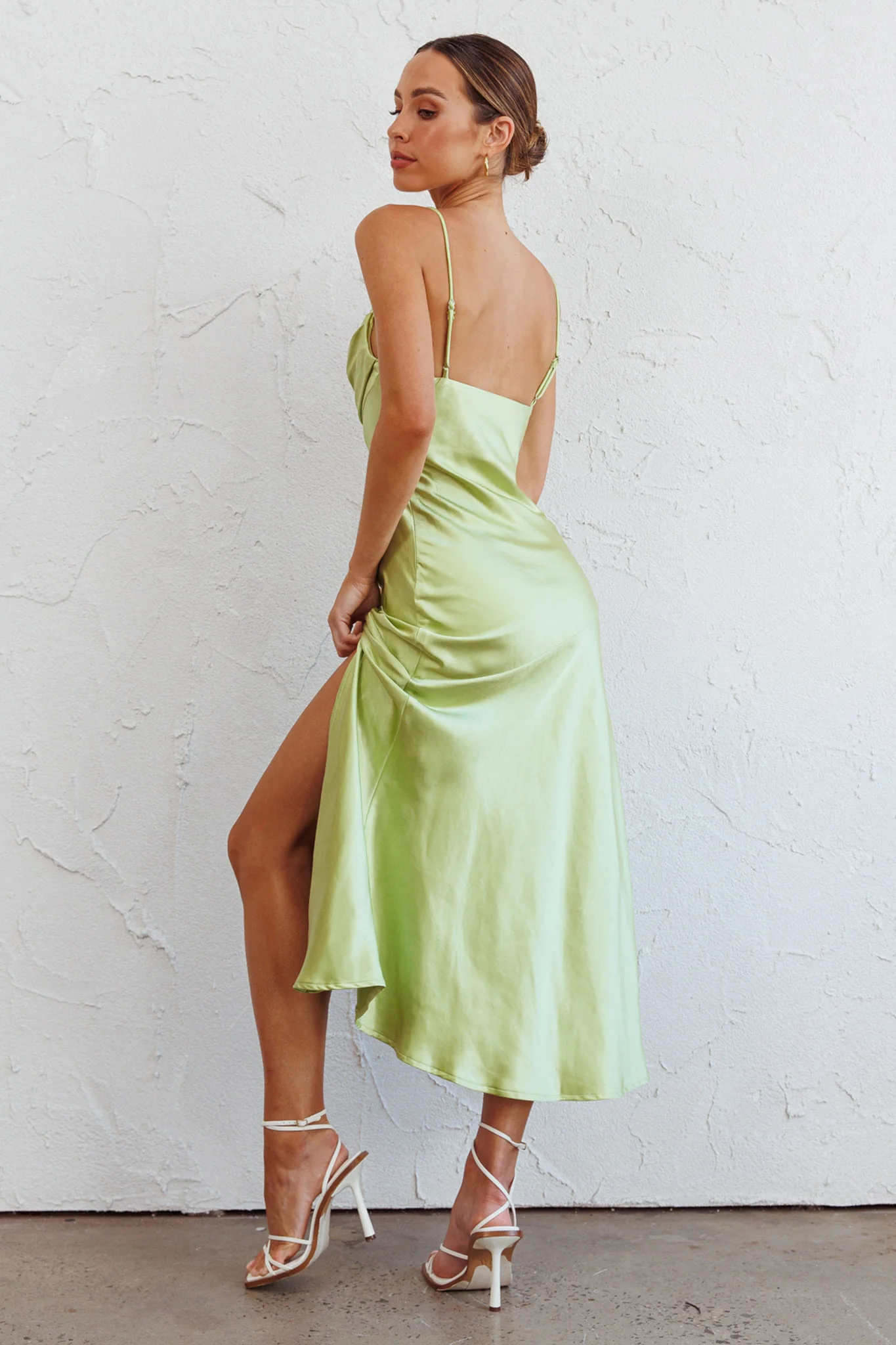 Well Versed Pleated Bust Front Split Dress Satin Lime - Image 2