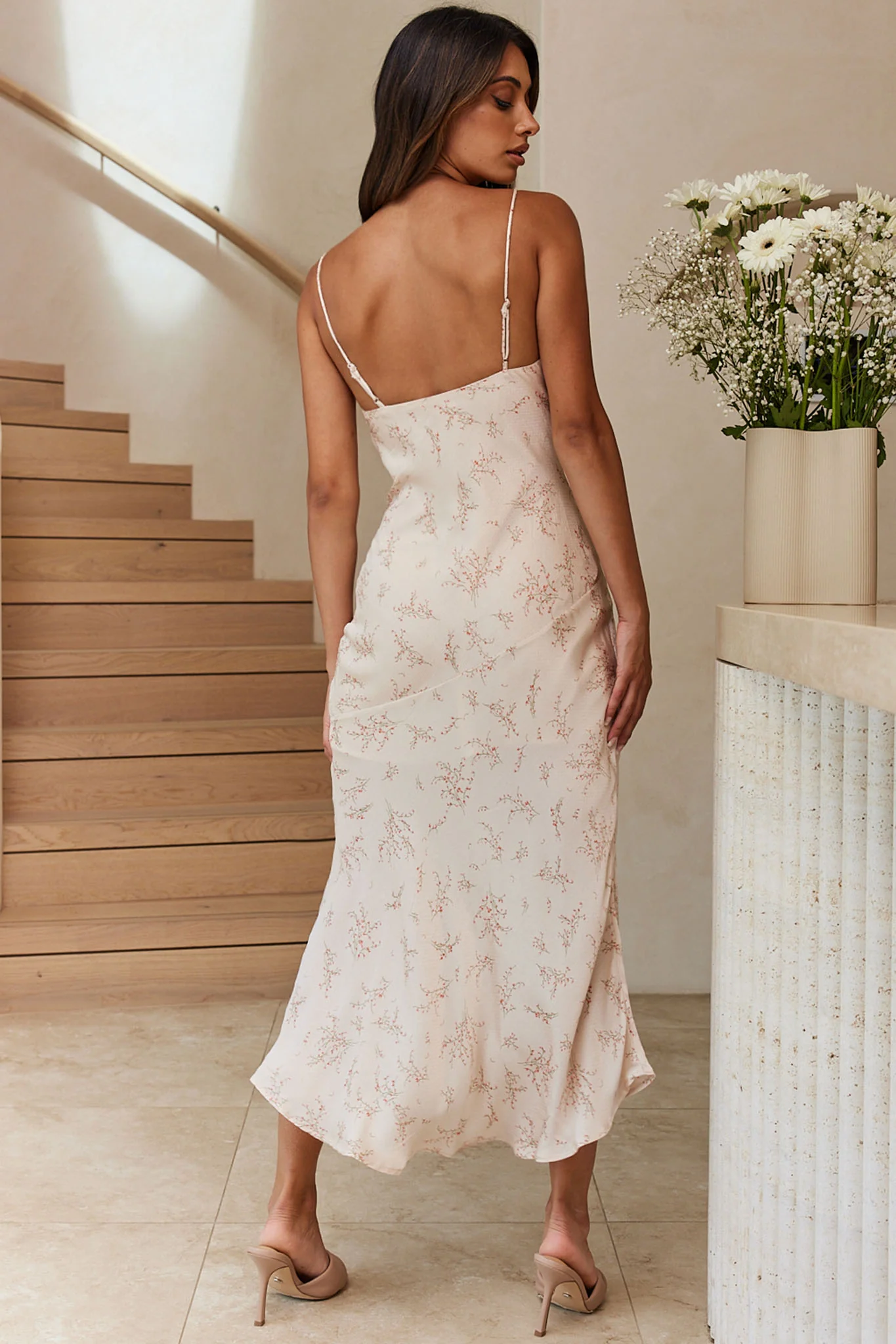 Well Versed Pleated Bust Front Split Dress Spring Print Champagne - Image 2