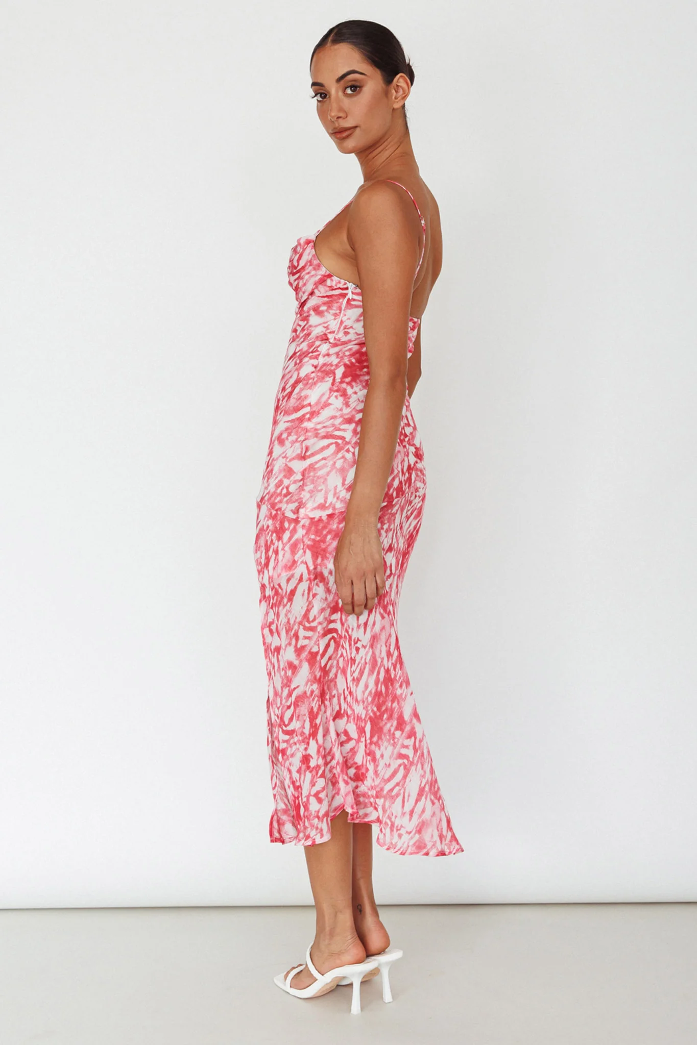 Well Versed Pleated Bust Front Split Dress Swirl Fuchsia - Image 2