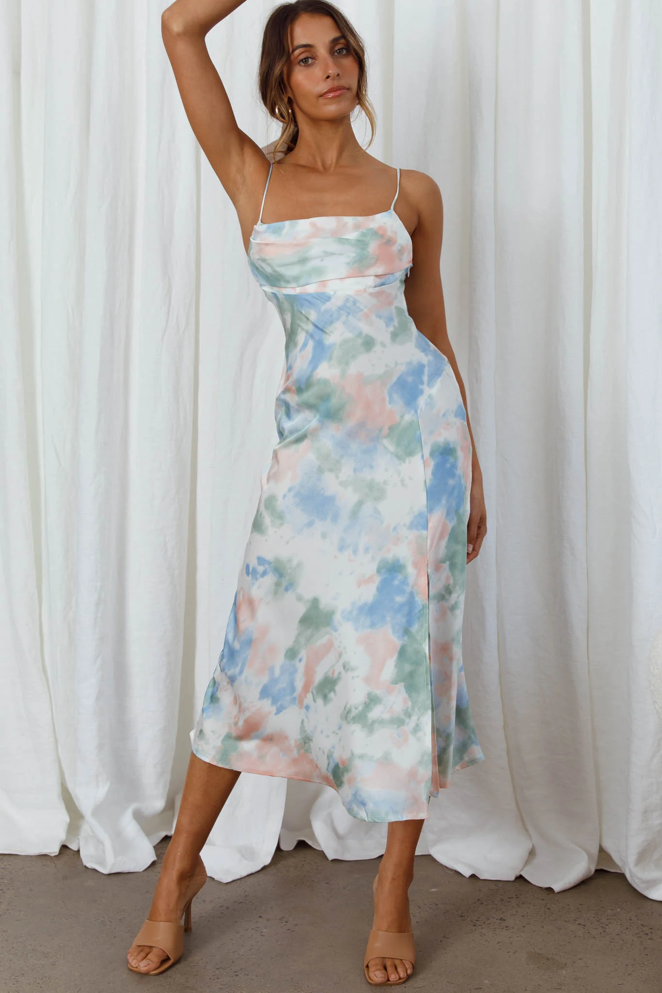 Well Versed Pleated Bust Front Split Dress Watercolor Green - Image 5