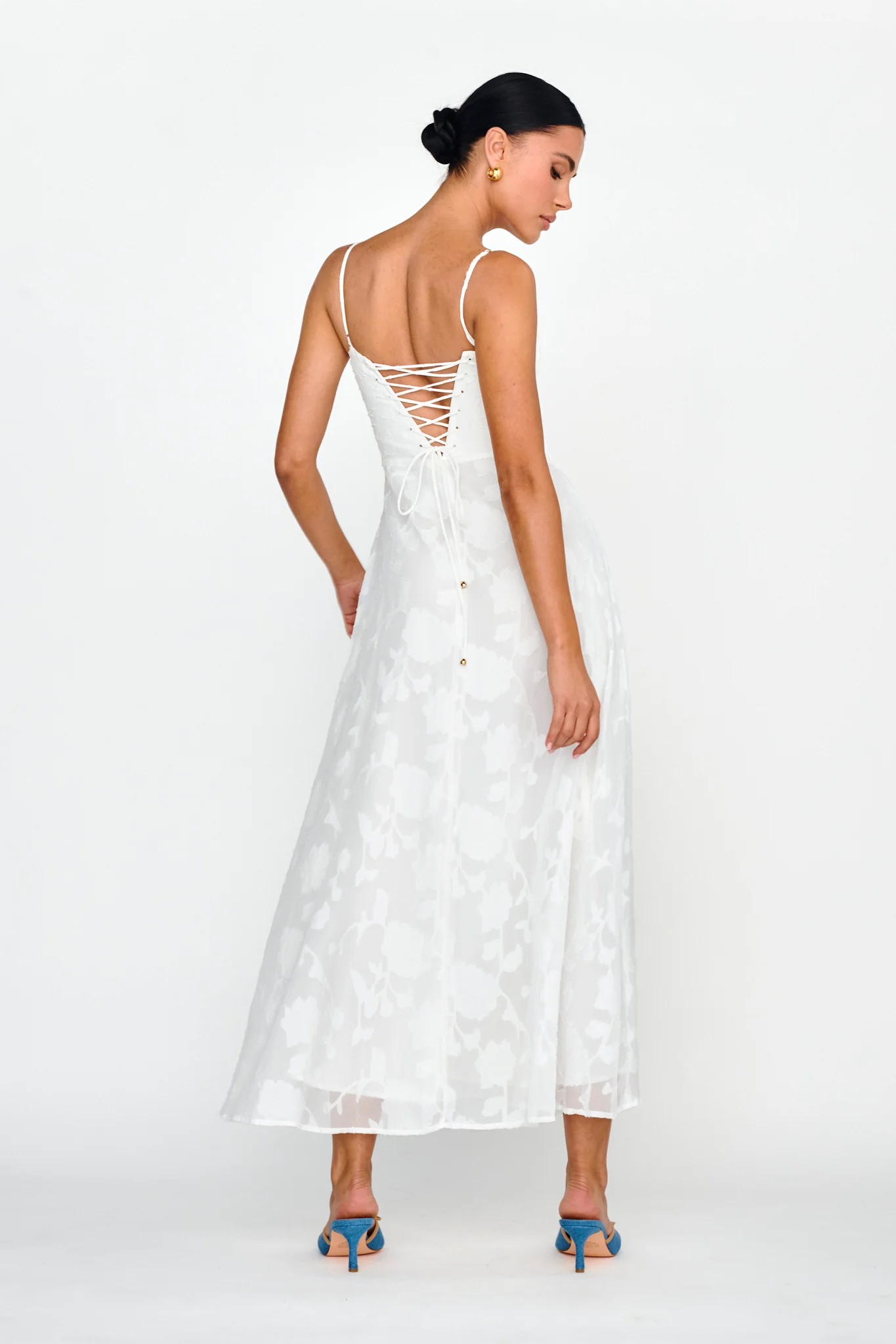 Well Wishing Textured Laced Back Midi Dress White - Image 3