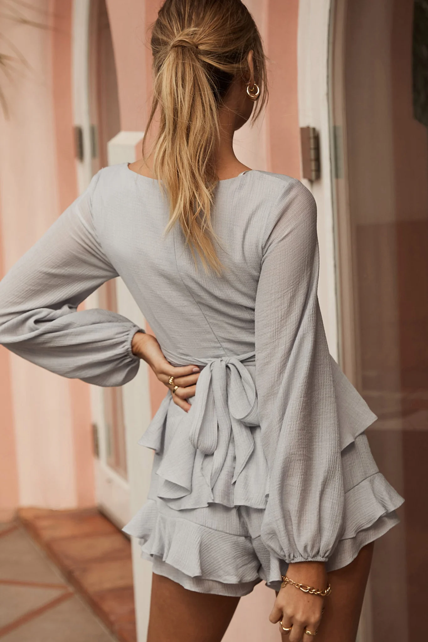 Wendy Ruched Bust Long Sleeve Ruffle Romper Grey - Image 2