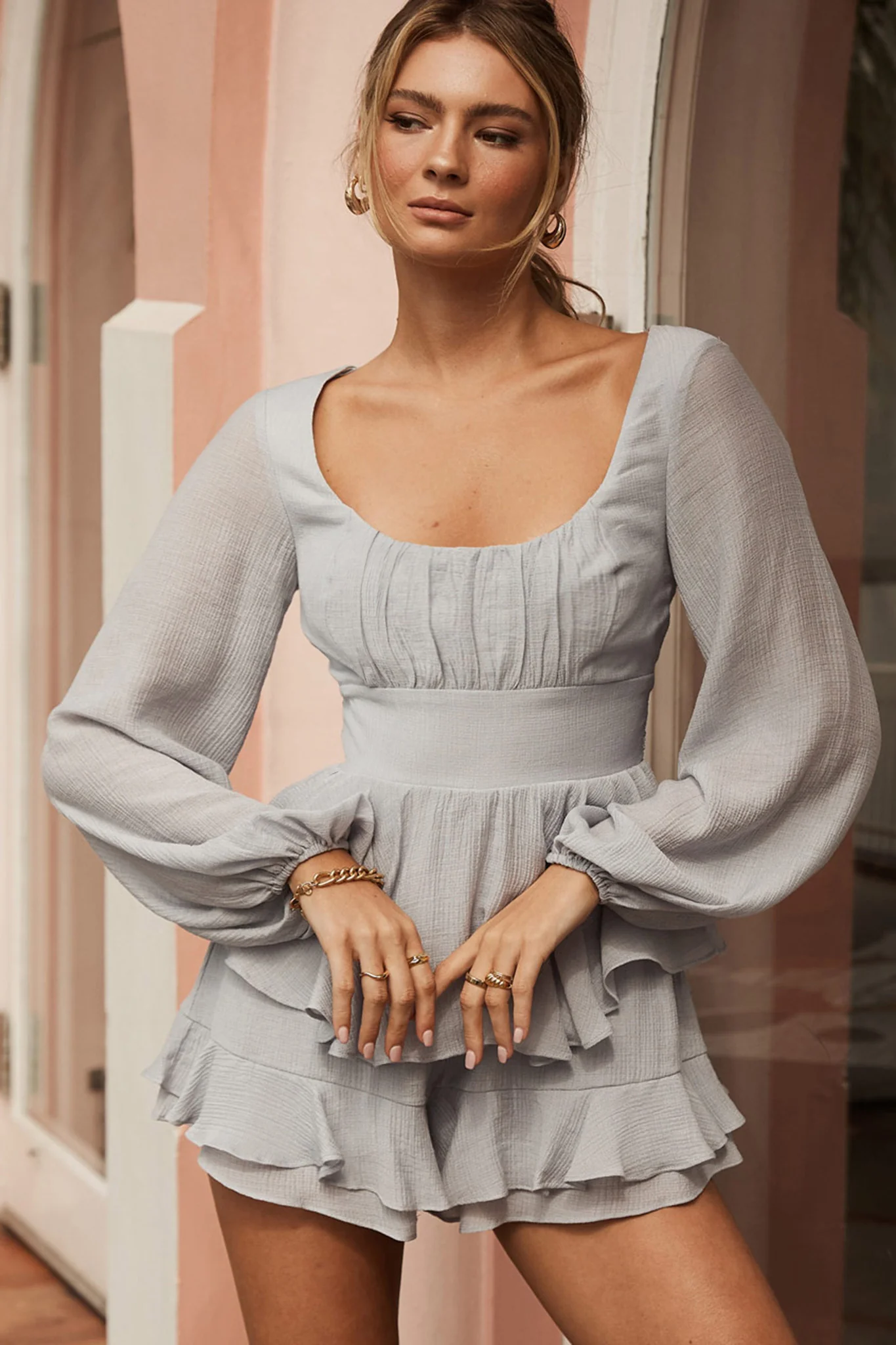 Wendy Ruched Bust Long Sleeve Ruffle Romper Grey - Image 5