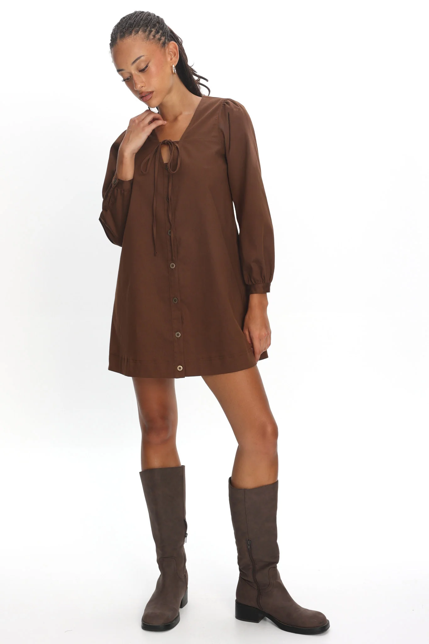 Westlyn Tie Front Mini Dress Chocolate - Image 2