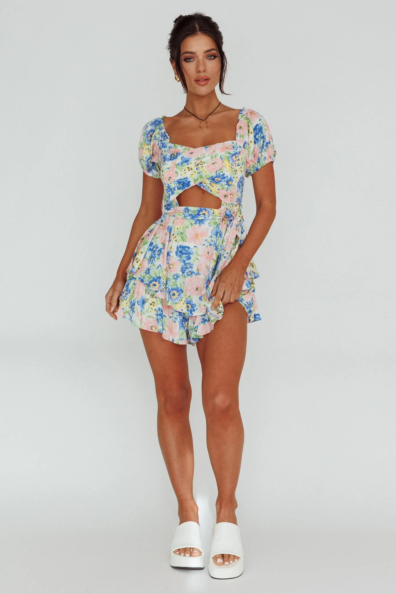 Whimsical Cut-out Bodice Romper Floral Blue - Image 5
