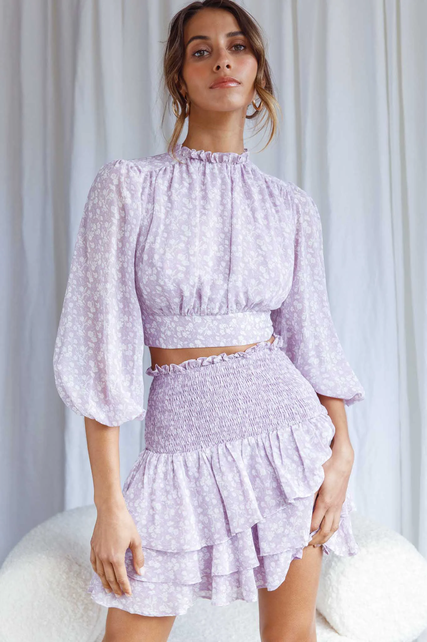 Whisked Away Shirred Waist Layered Mini Skirt Floral Print Lilac - Image 4
