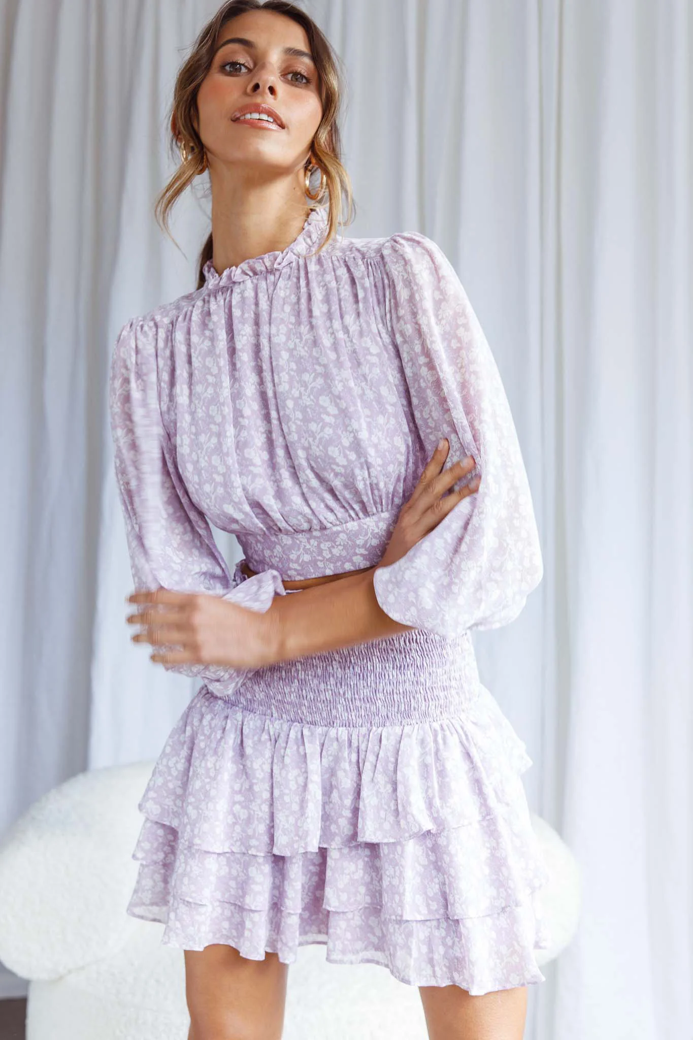 Whisked Away Shirred Waist Layered Mini Skirt Floral Print Lilac - Image 8