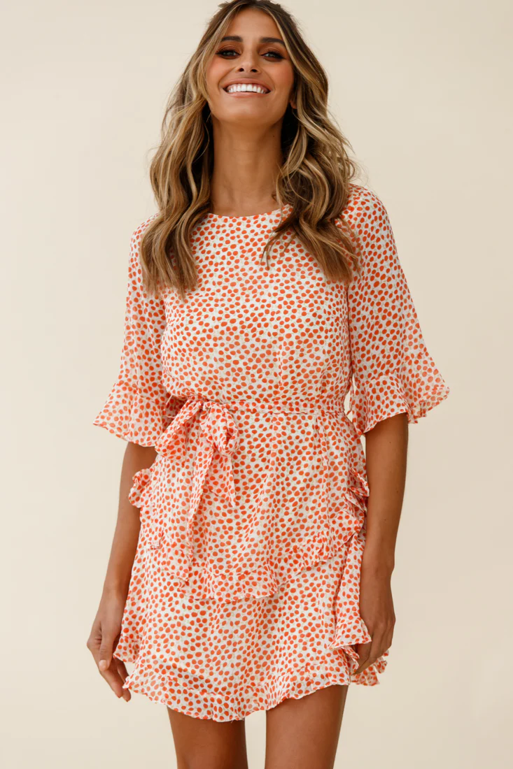 Wife Me Crew Neck Ruffle Insert Dress Polka Dot Orange - Image 5