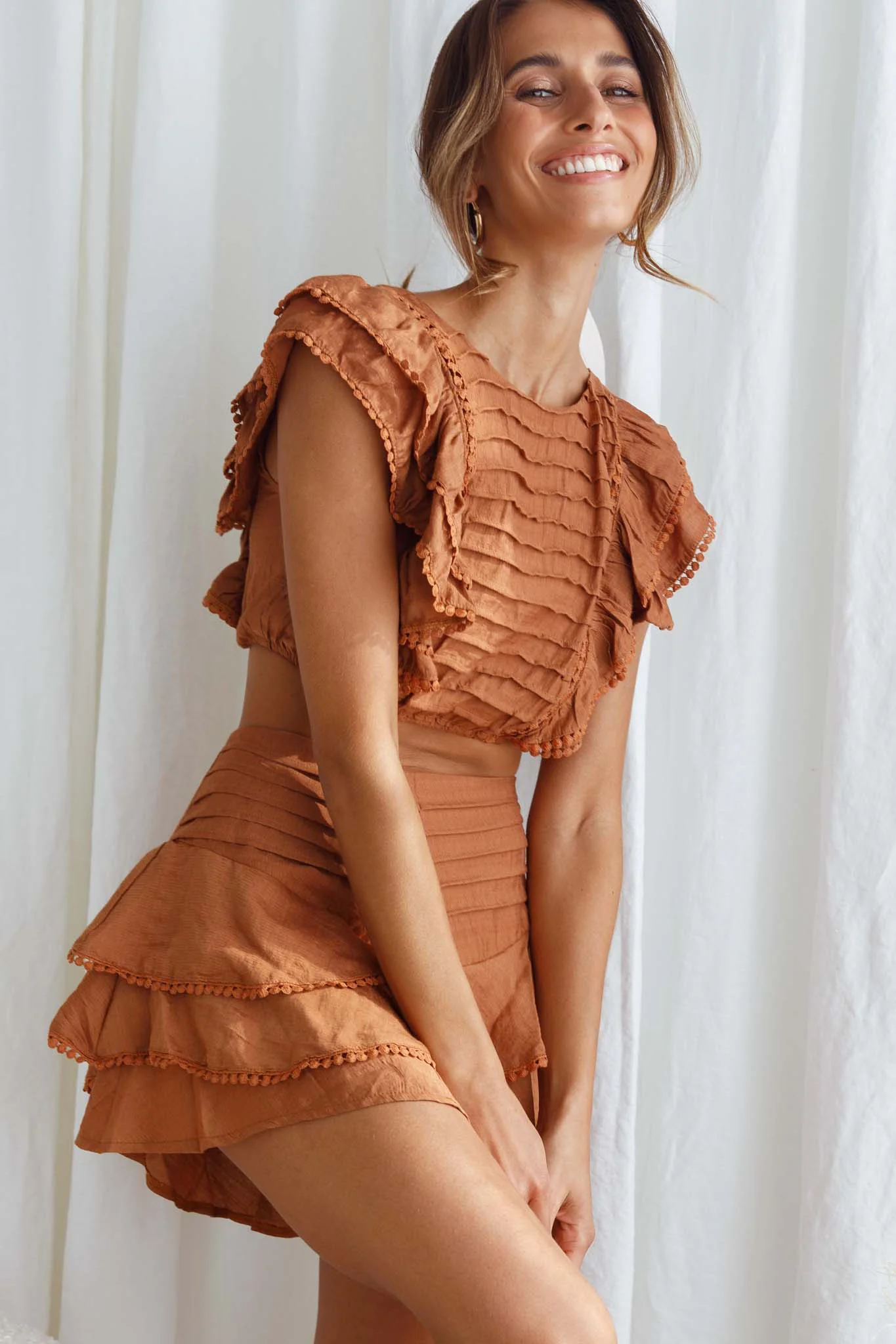 Wild And Free Pintuck Pleat And Ruffle Crop Top Tan - Image 7