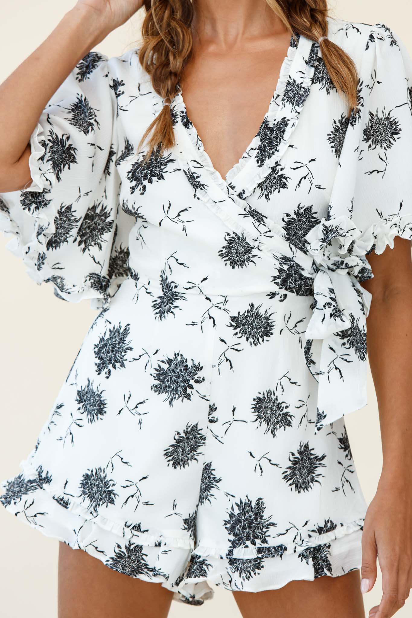 Wild Heart Bell Sleeve Wrap Romper Floral Print White - Image 6