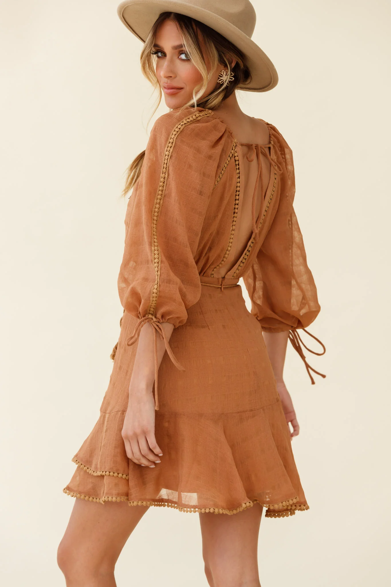 Wilde Balloon Sleeve Crochet Trim Dress Tan - Image 3