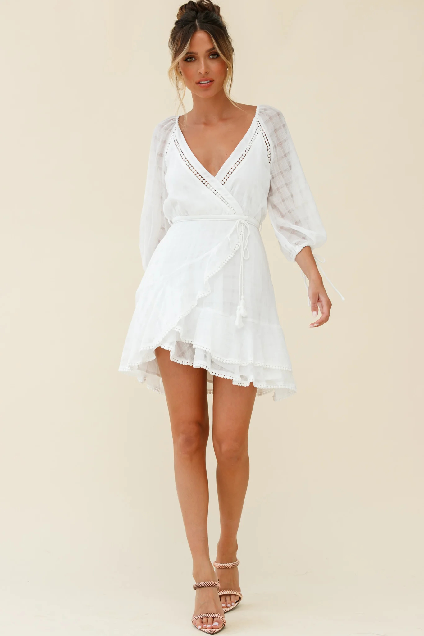 Wilde Balloon Sleeve Crochet Trim Dress White - Image 2