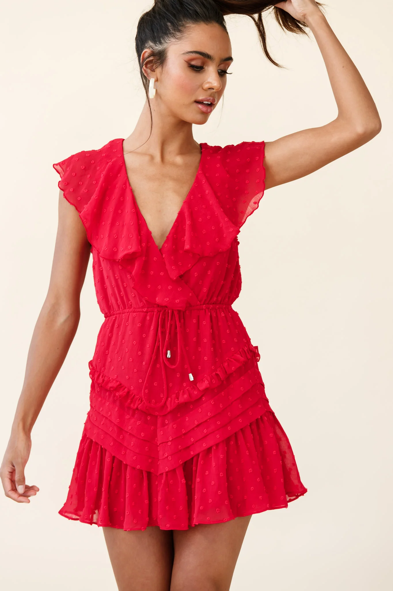 Willah Pintuck And Frill Detail Drawstring Dress Red Textured - Image 5
