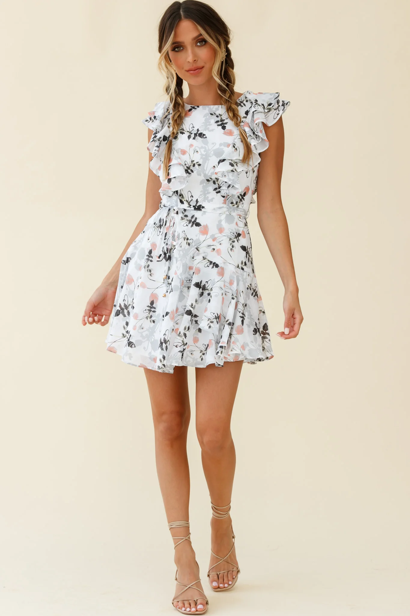 Wilton Ruffle Shoulder A-Line Dress Floral Print White - Image 2