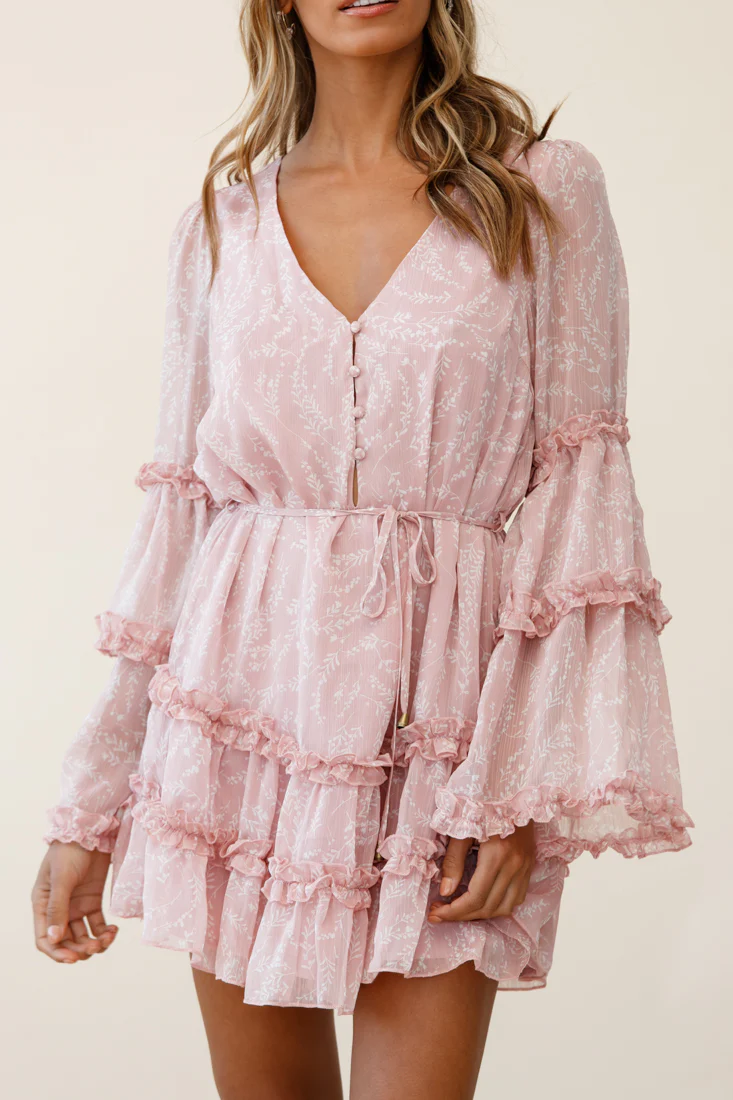 Winslet Long Sleeve Placket Bust Frill Detail Dress Floral Print Pink - Image 6