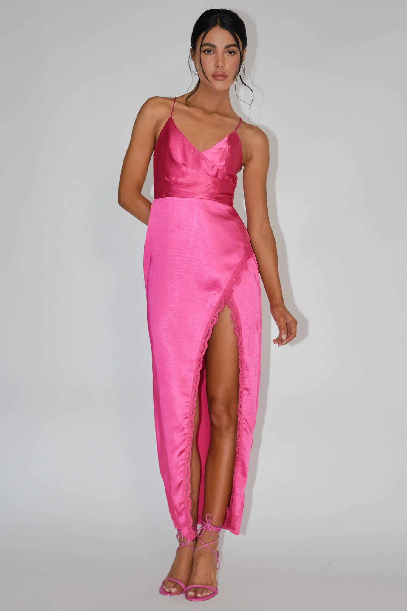 Winter Moon Lace Trim Midi Dress Hot Pink - Image 3
