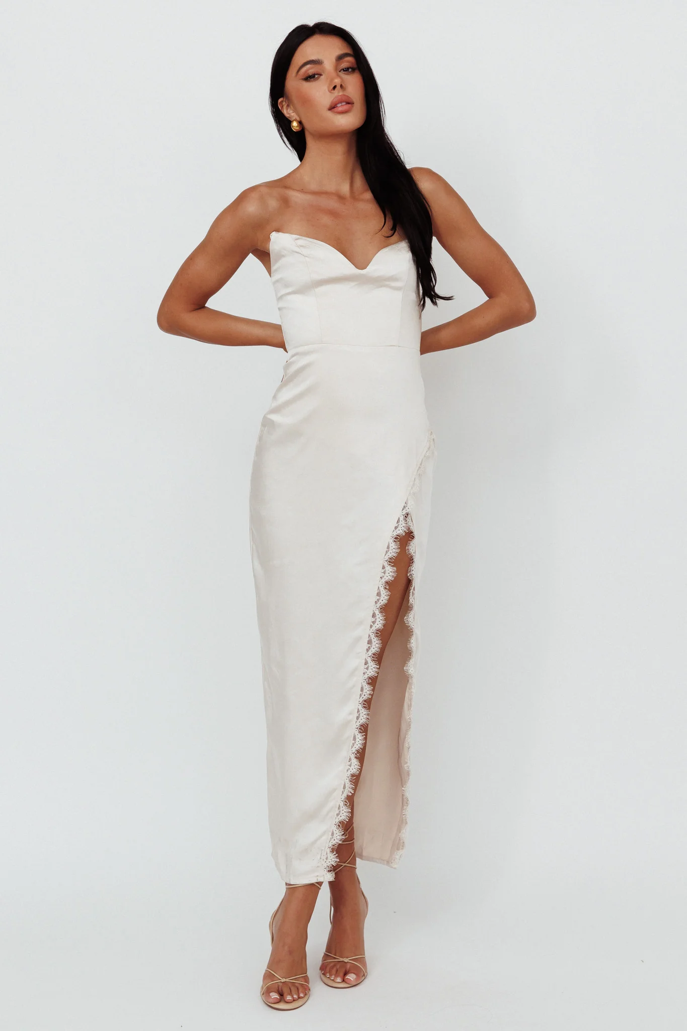 Winter Moon Strapless Lace Trim Midi Dress Champagne - Image 3