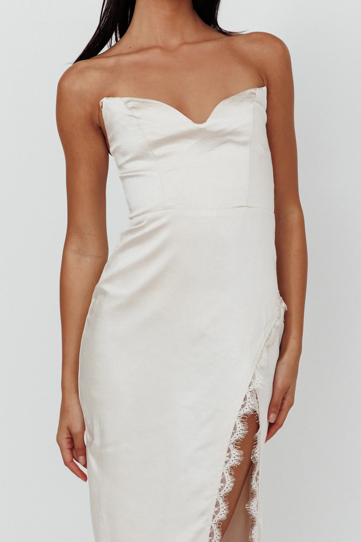 Winter Moon Strapless Lace Trim Midi Dress Champagne - Image 4