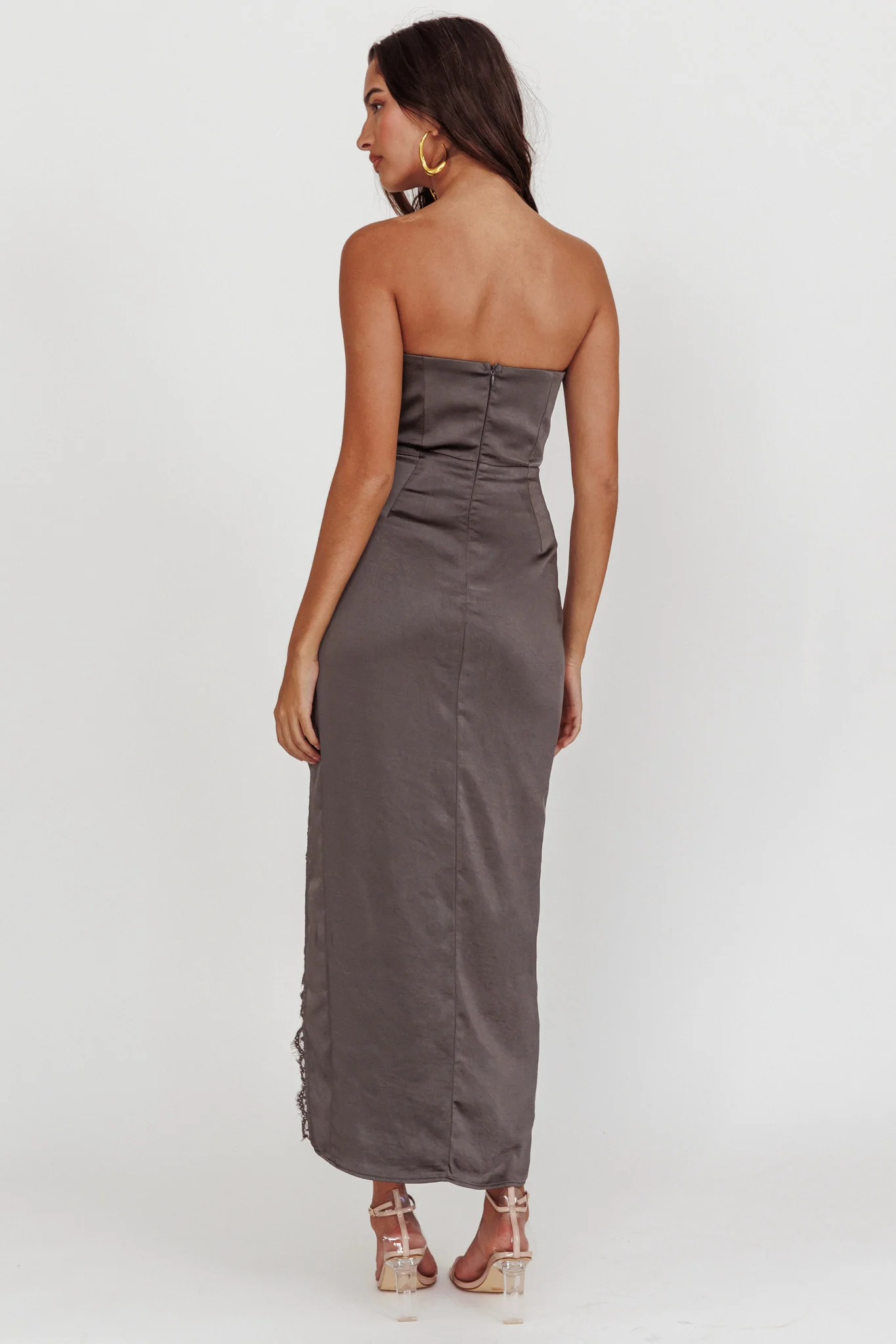 Winter Moon Strapless Lace Trim Midi Dress Charcoal - Image 3