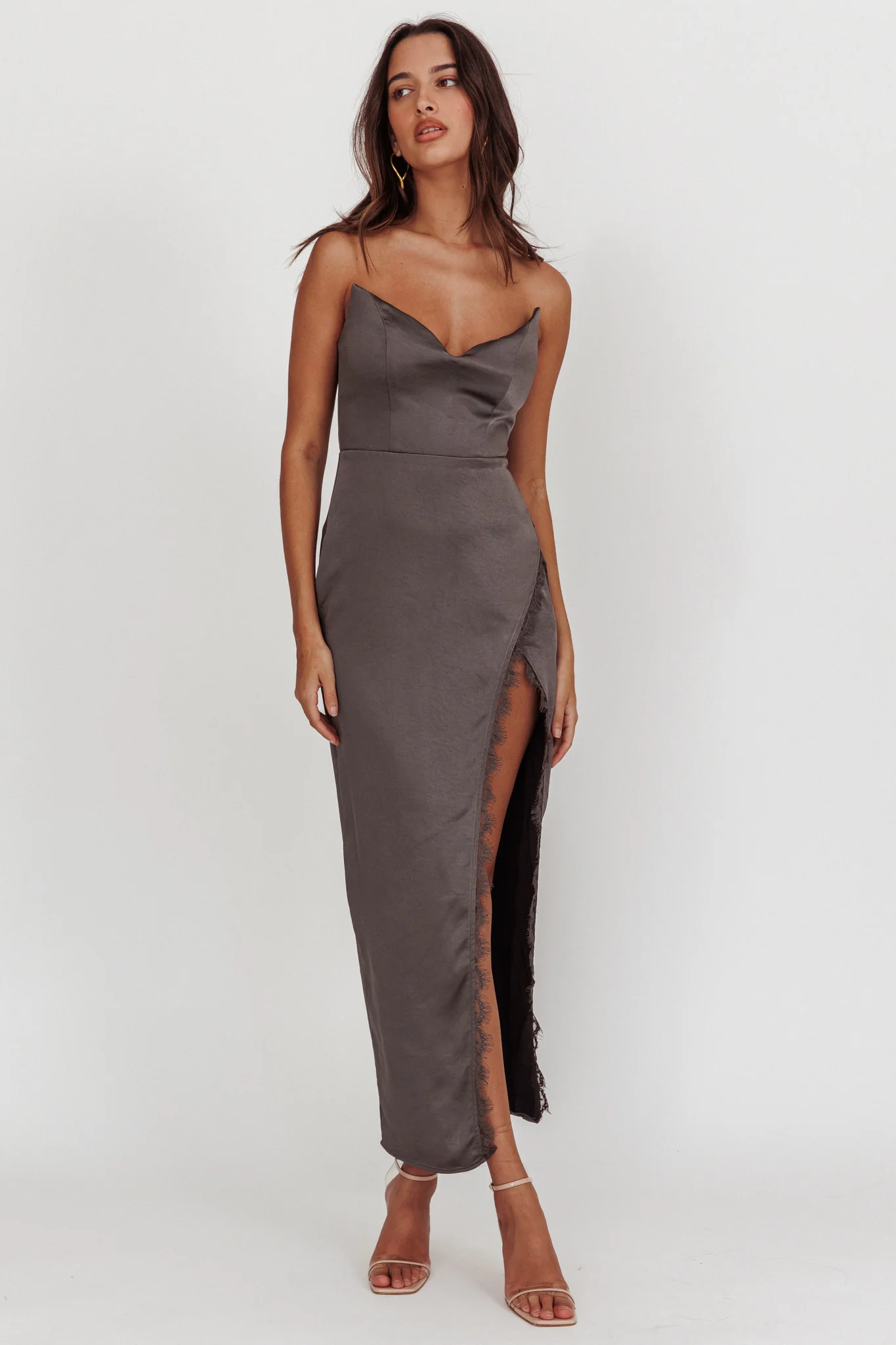 Winter Moon Strapless Lace Trim Midi Dress Charcoal - Image 4