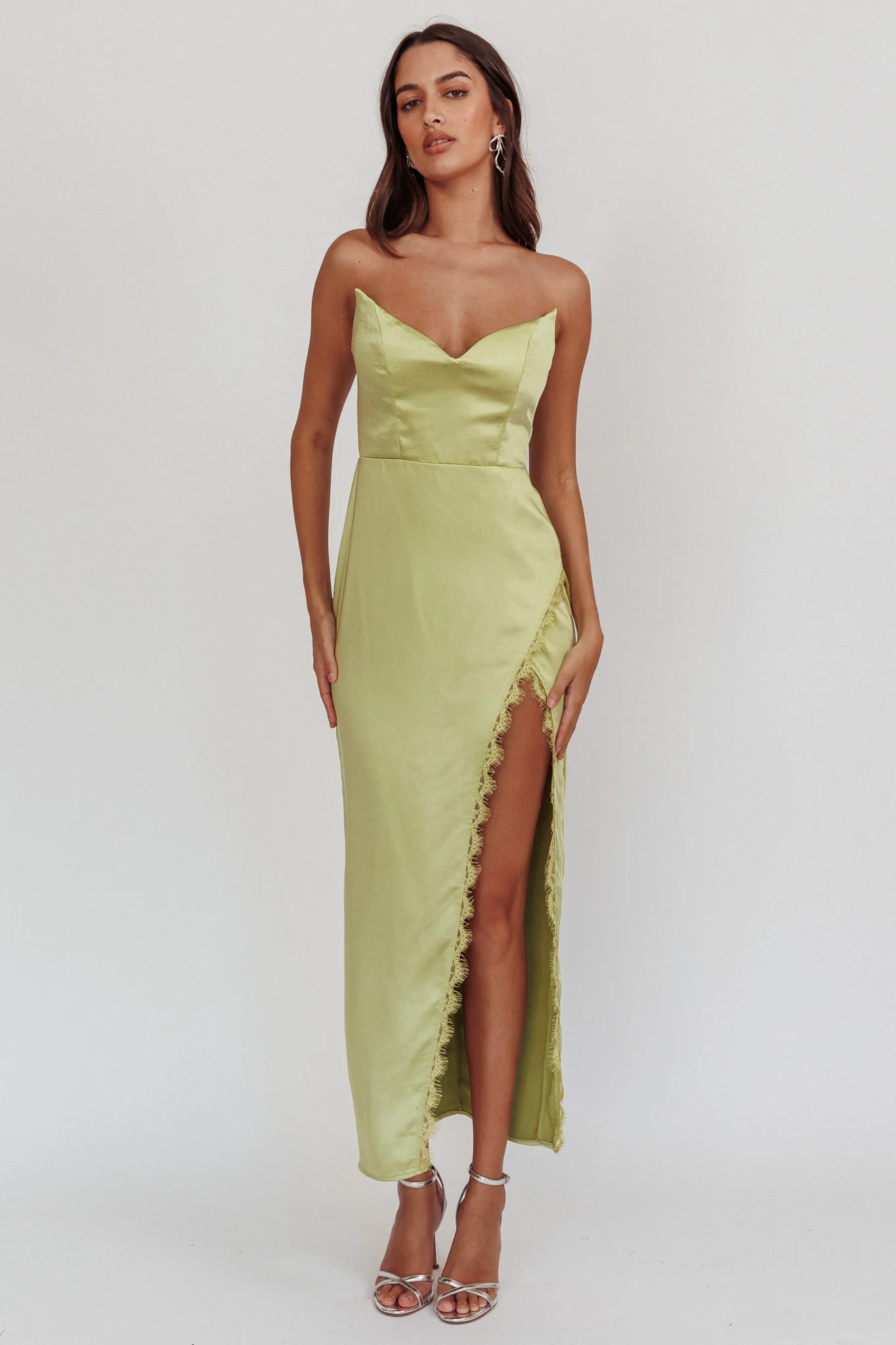 Winter Moon Strapless Lace Trim Midi Dress Sage - Image 3