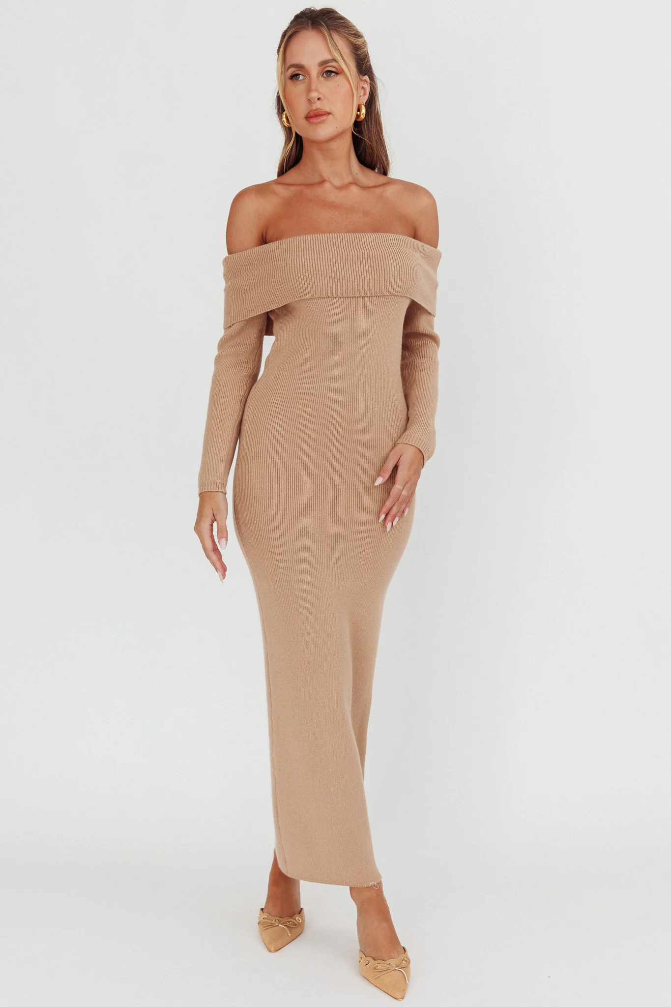 Winter Wonder Off-Shoulder Knit Maxi Dress Mocha - Image 5