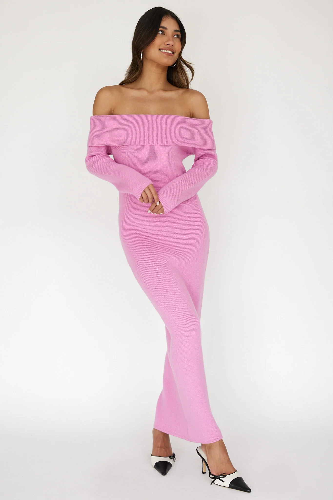 Winter Wonder Off-Shoulder Knit Maxi Dress Pink - Image 3