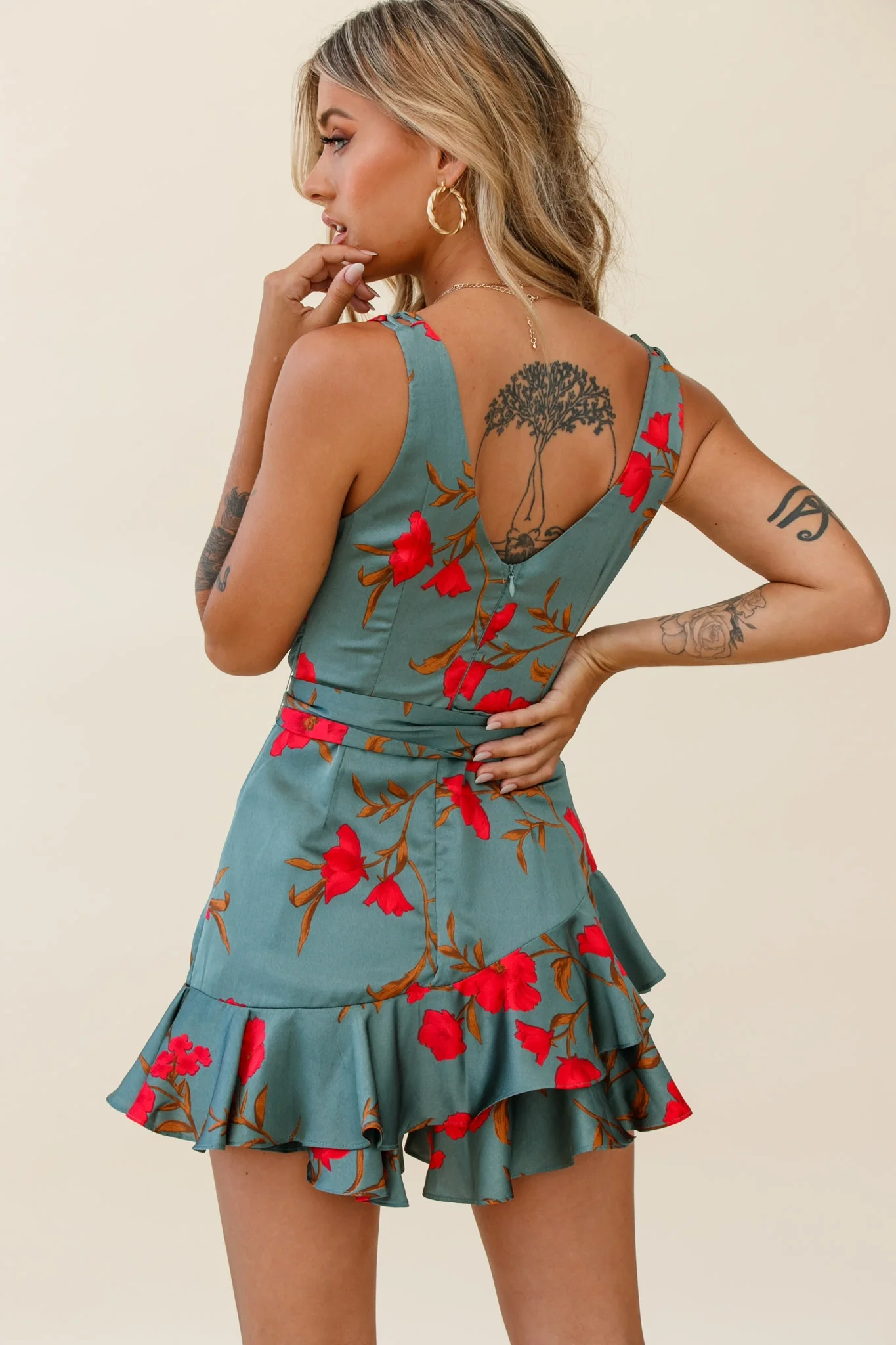 Wishful Thinking Plunging Neckline Ruffle Hem Romper Floral Print Sage - Image 3