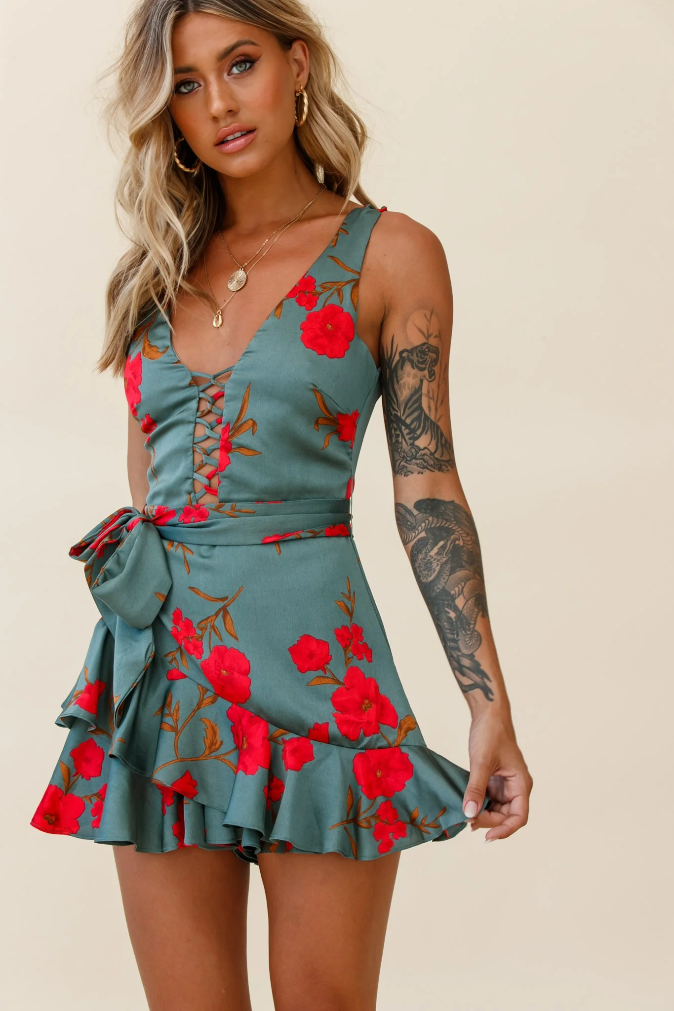 Wishful Thinking Plunging Neckline Ruffle Hem Romper Floral Print Sage - Image 7