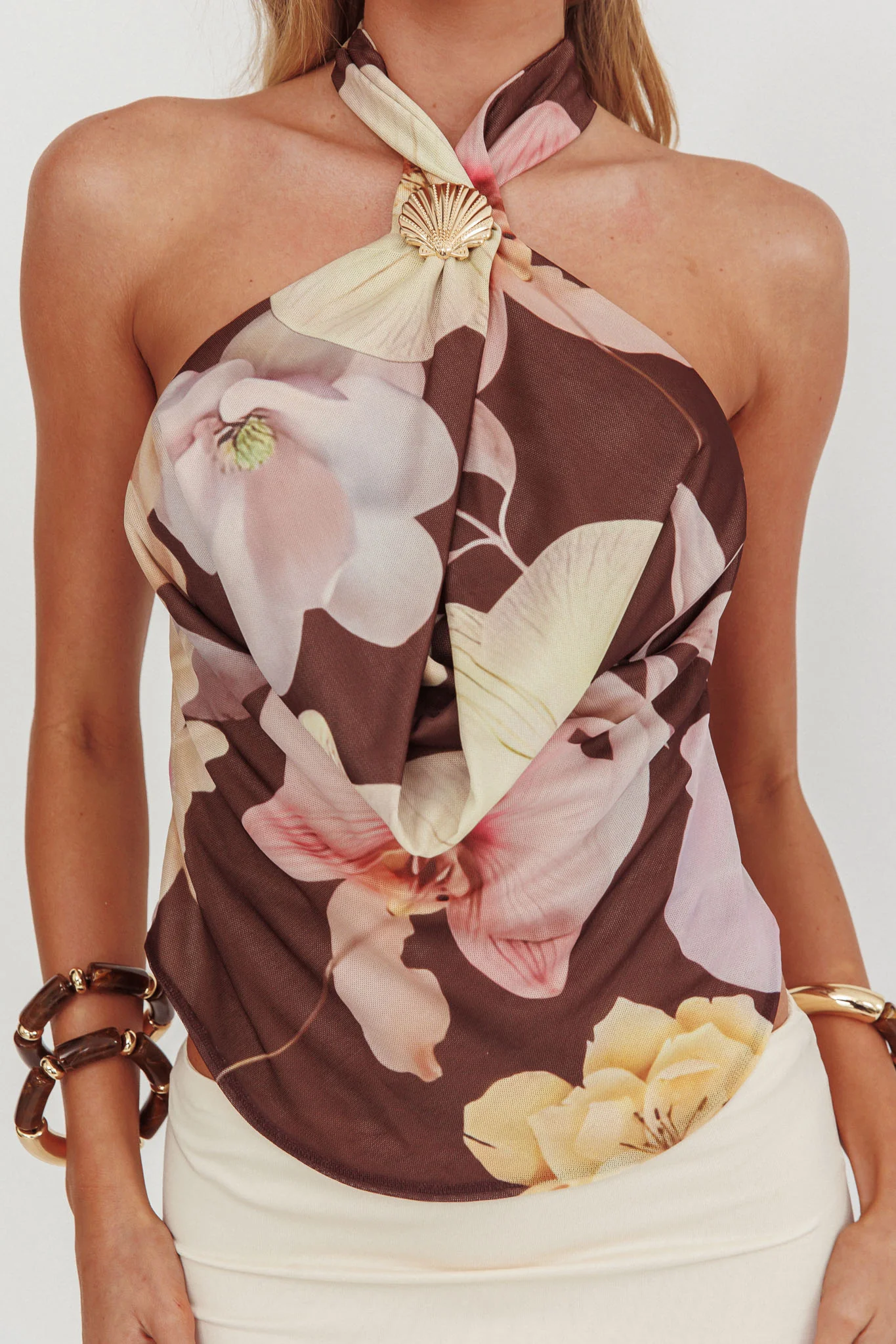 Wisteria Cowl Halterneck Top Floral Brown - Image 4