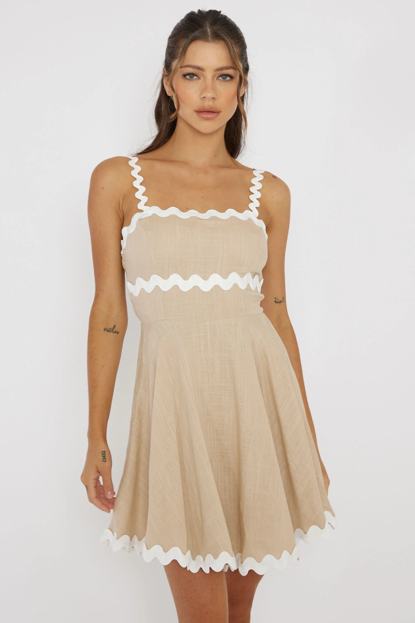Won Me Over Ric Rac Trim Mini Dress Beige - Image 5