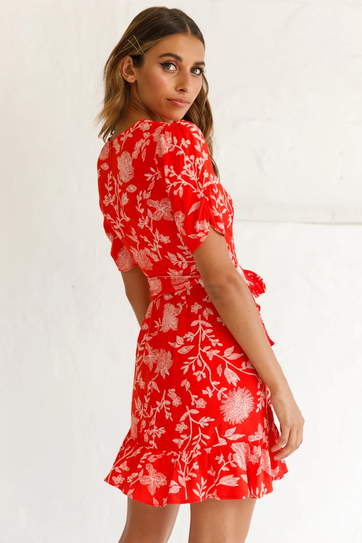 Wonderland Wrap Front Tea Dress Floral Print Red - Image 4