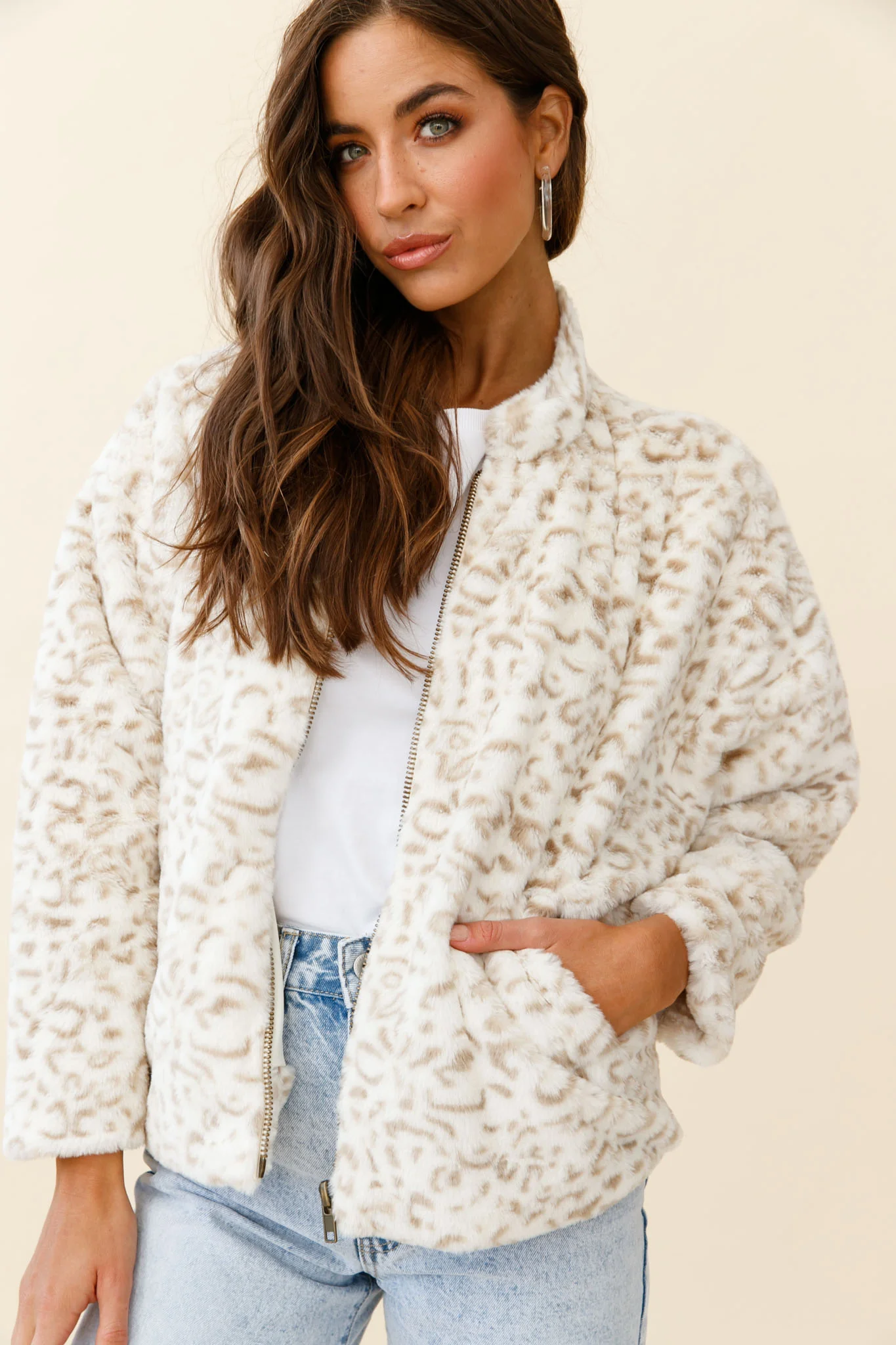 Wyoming Front Pocket Printed Fur Jacket White/Beige - Image 3