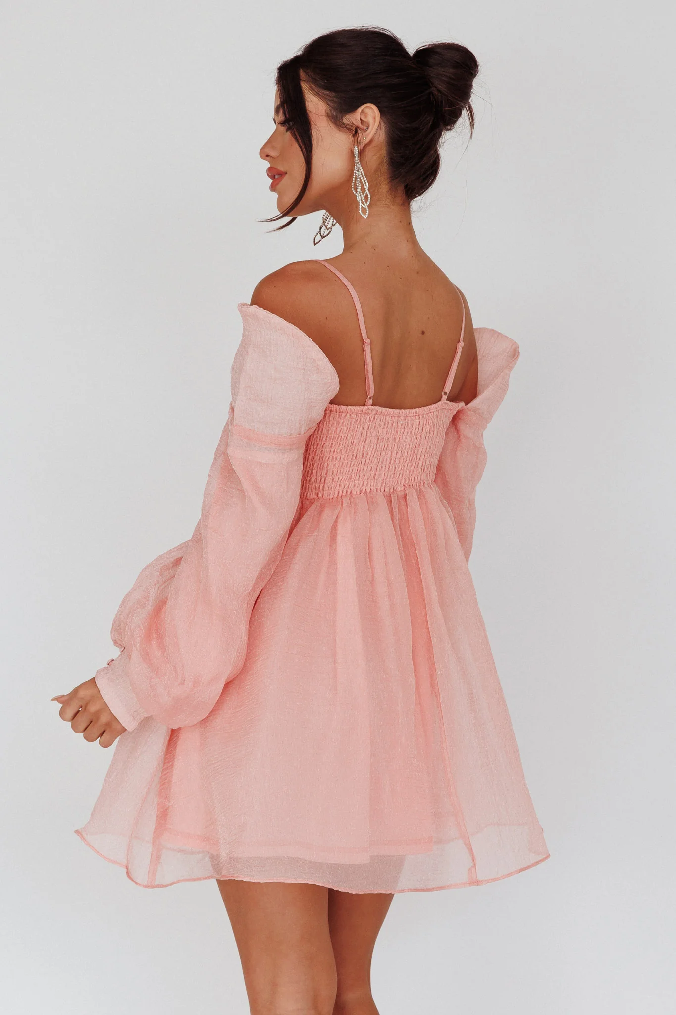 Yasi Long Sleeve Babydoll Mini Dress Peach - Image 2