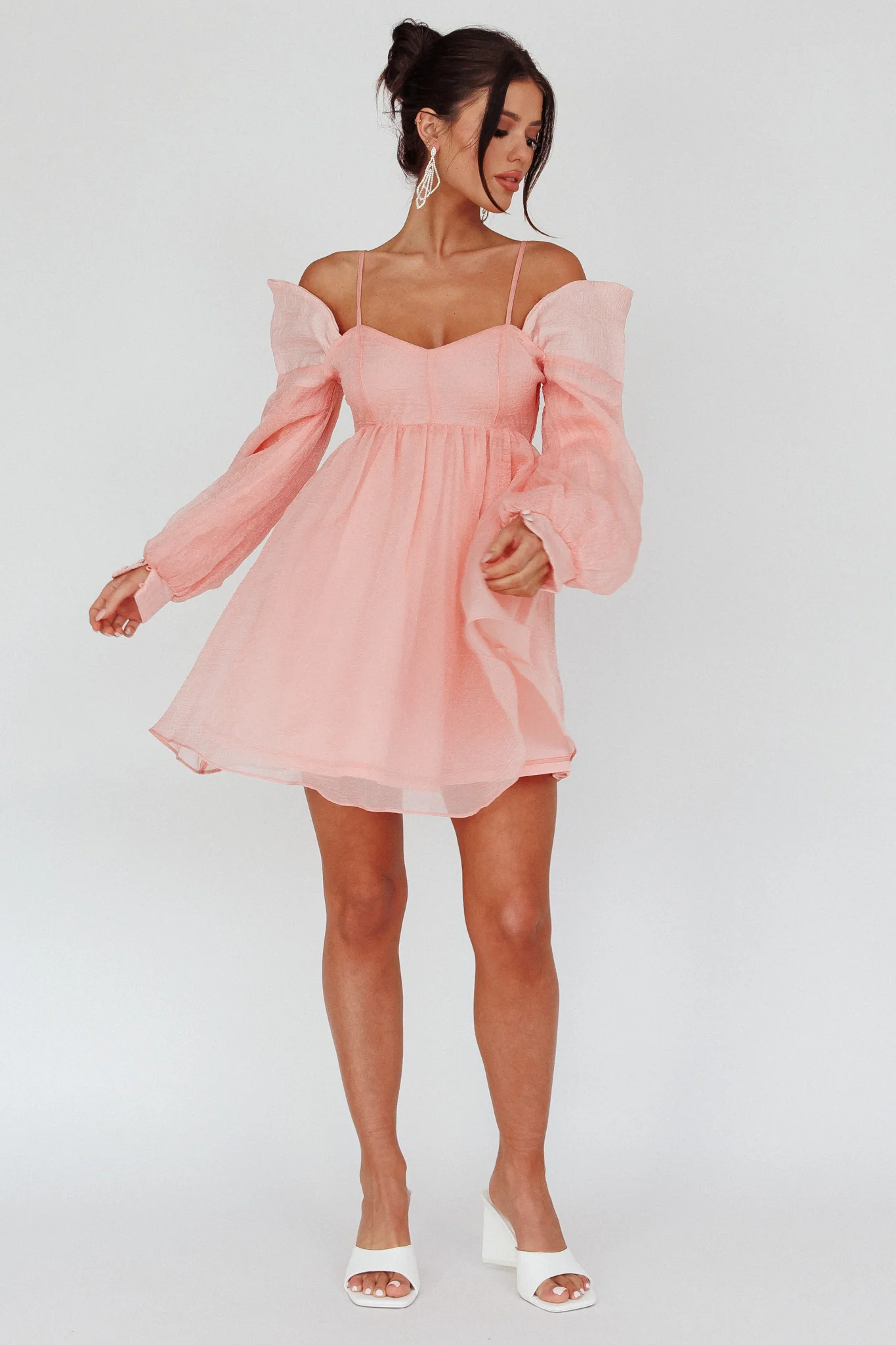 Yasi Long Sleeve Babydoll Mini Dress Peach - Image 3