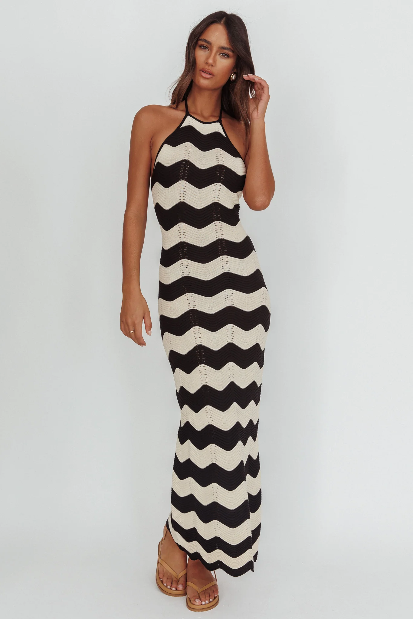 Yelena Halter Neck Knit Maxi Dress Zig-Zag Cream - Image 5