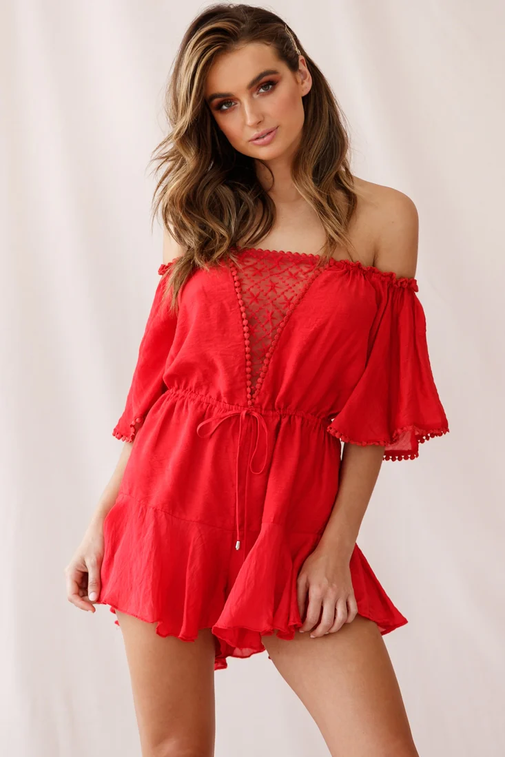 Yonna Off-Shoulder Mesh Detail Drawstring Romper Red - Image 5