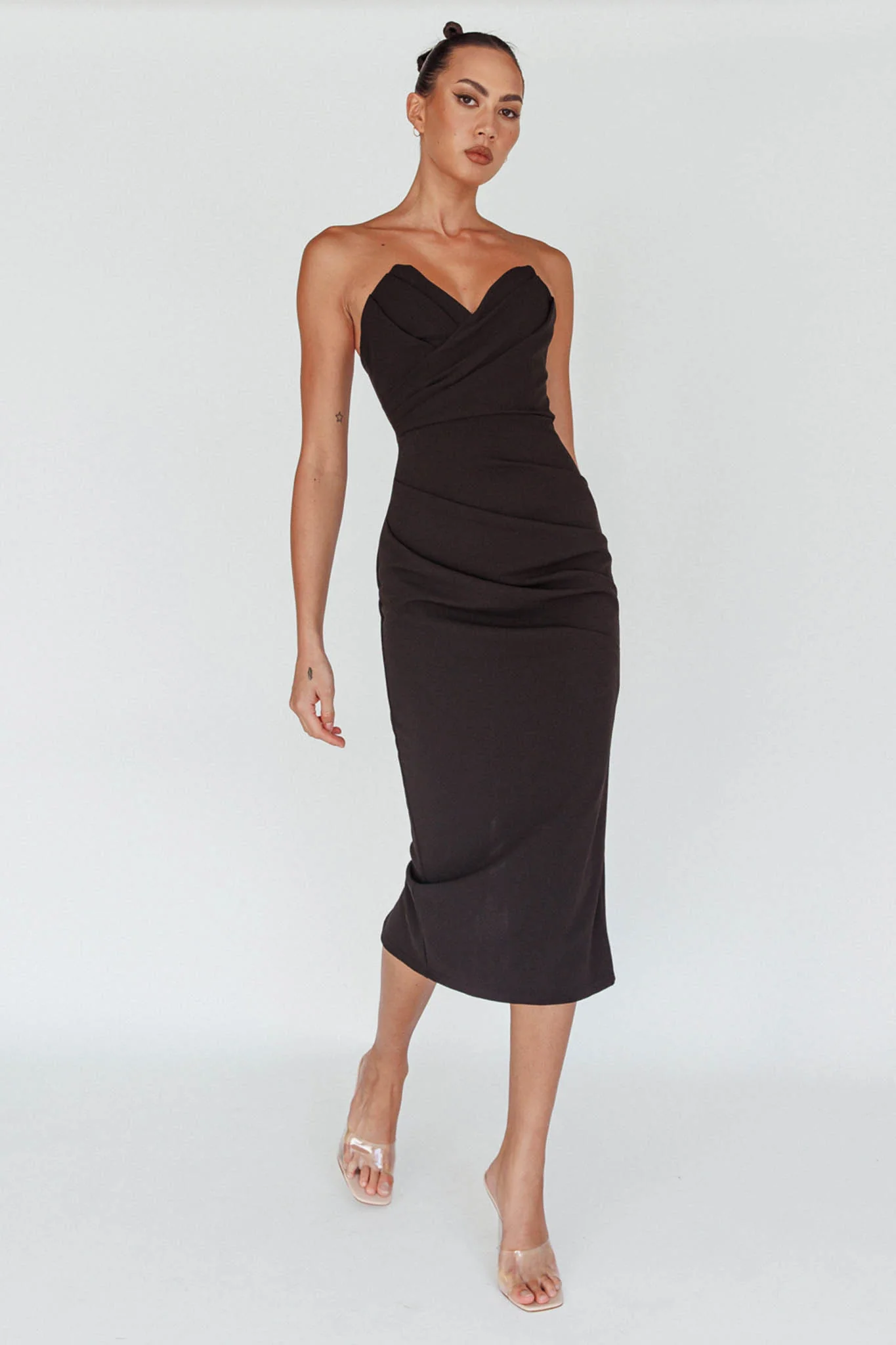 Yours Alone Gathered Detail Midi Dress Black - Image 3