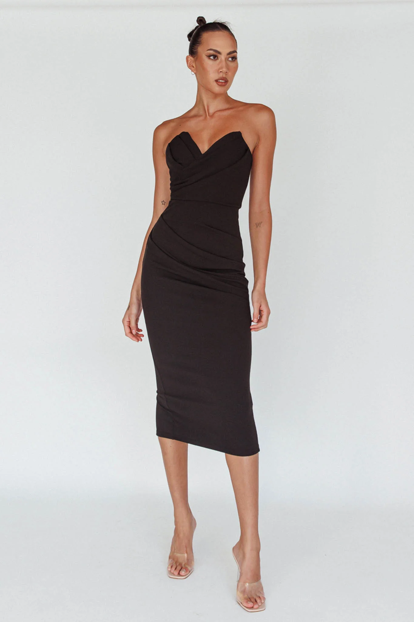 Yours Alone Gathered Detail Midi Dress Black - Image 8